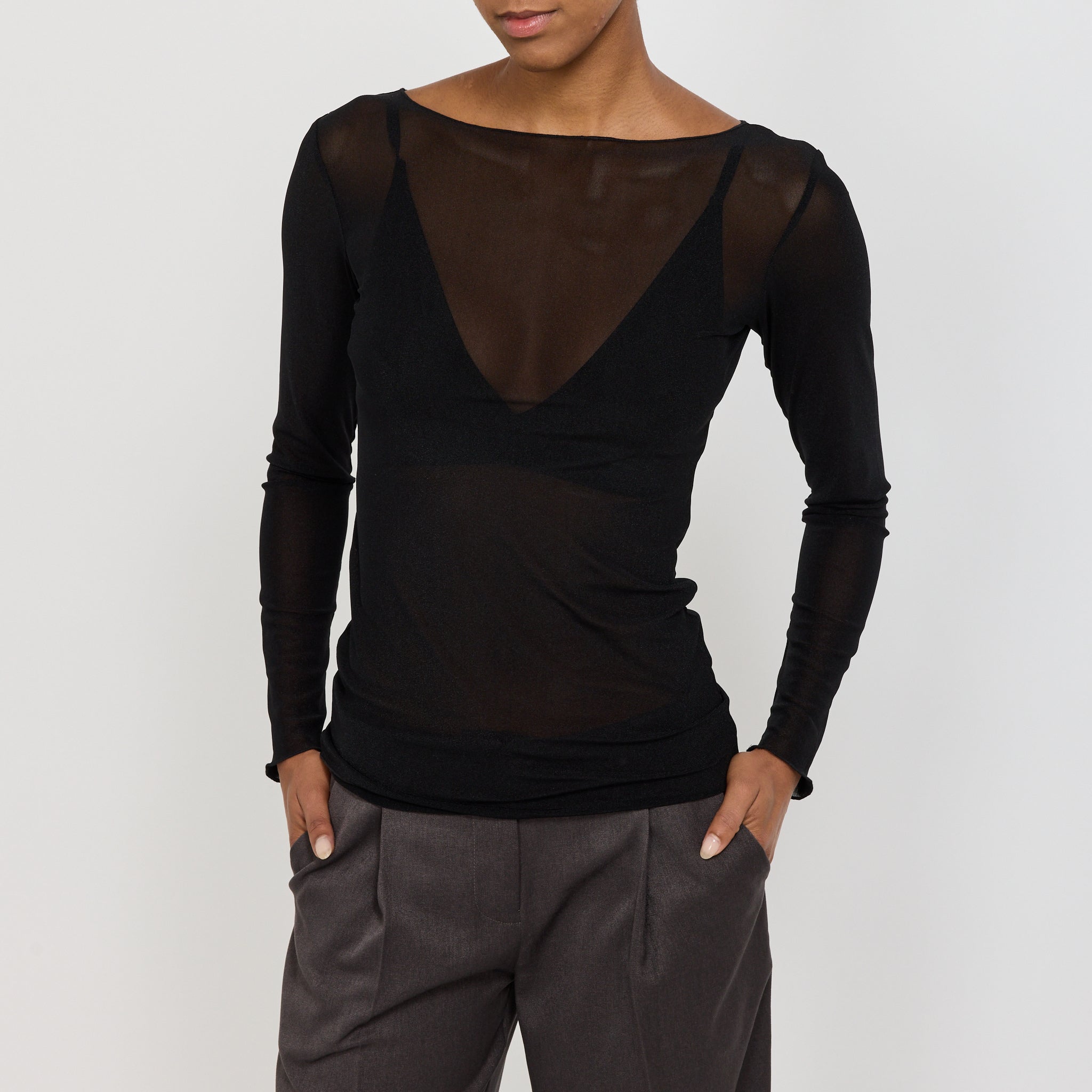 Korean Power Mesh Boat Neck Long Sleeve Black