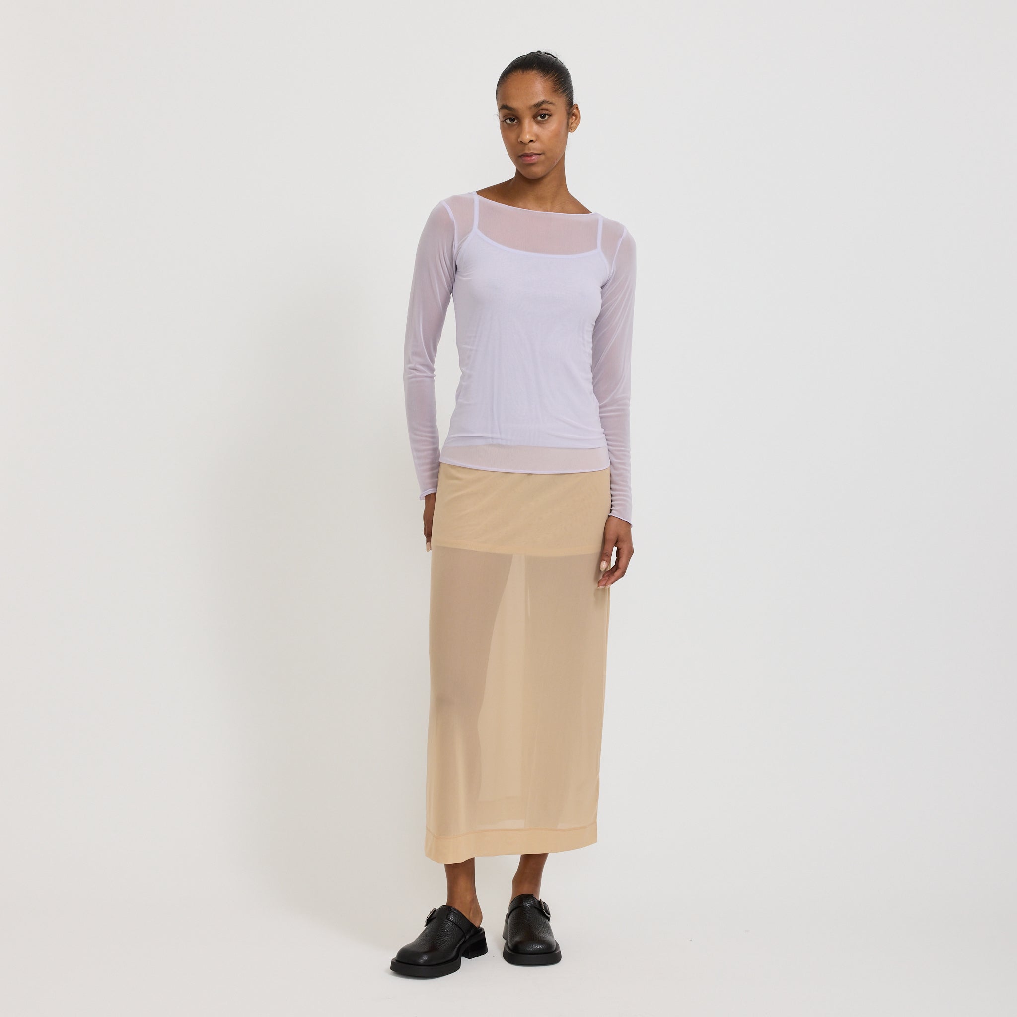 Korean Power Mesh Boat Neck Long Sleeve Lilac