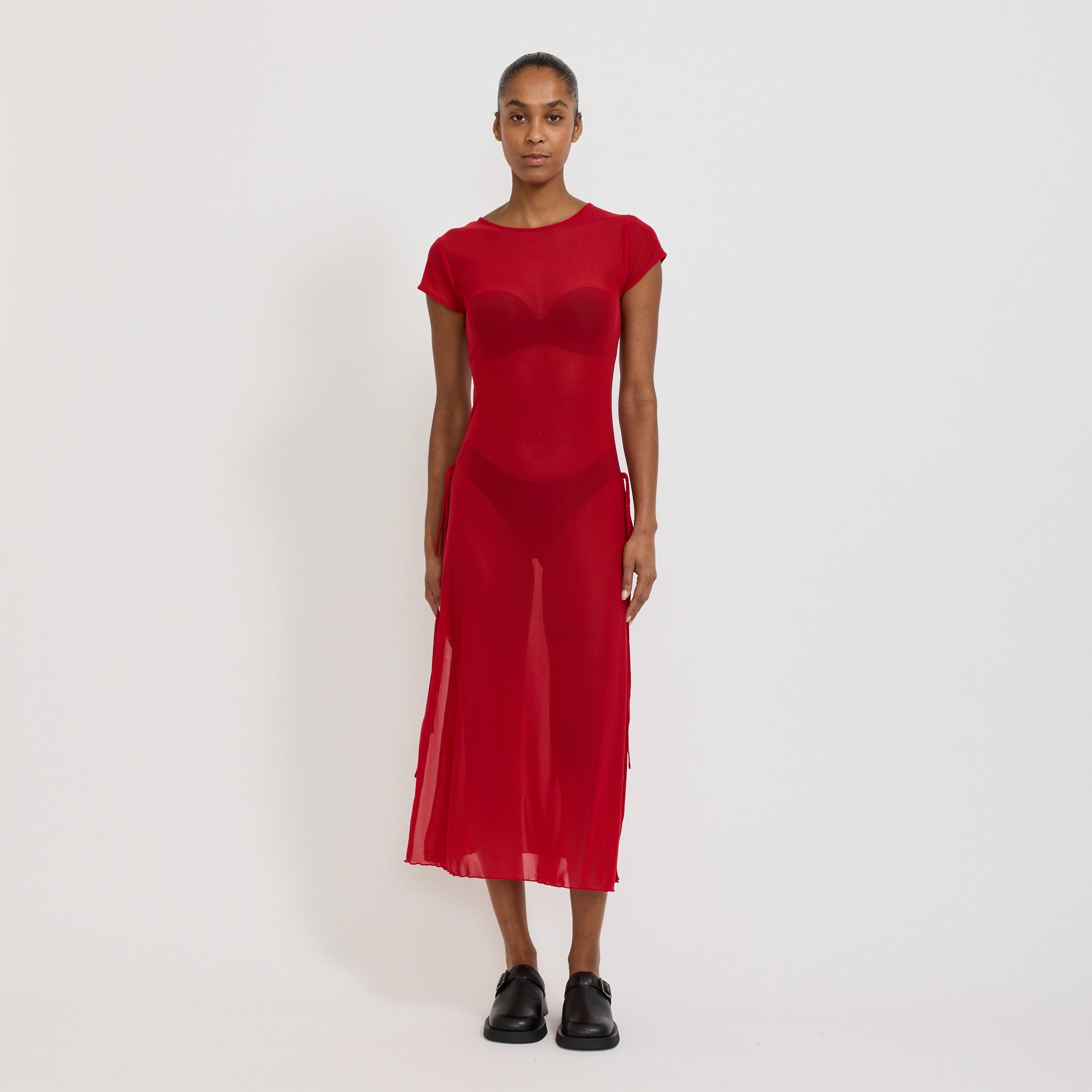 Korean Power Mesh Bow Midi Dress Red
