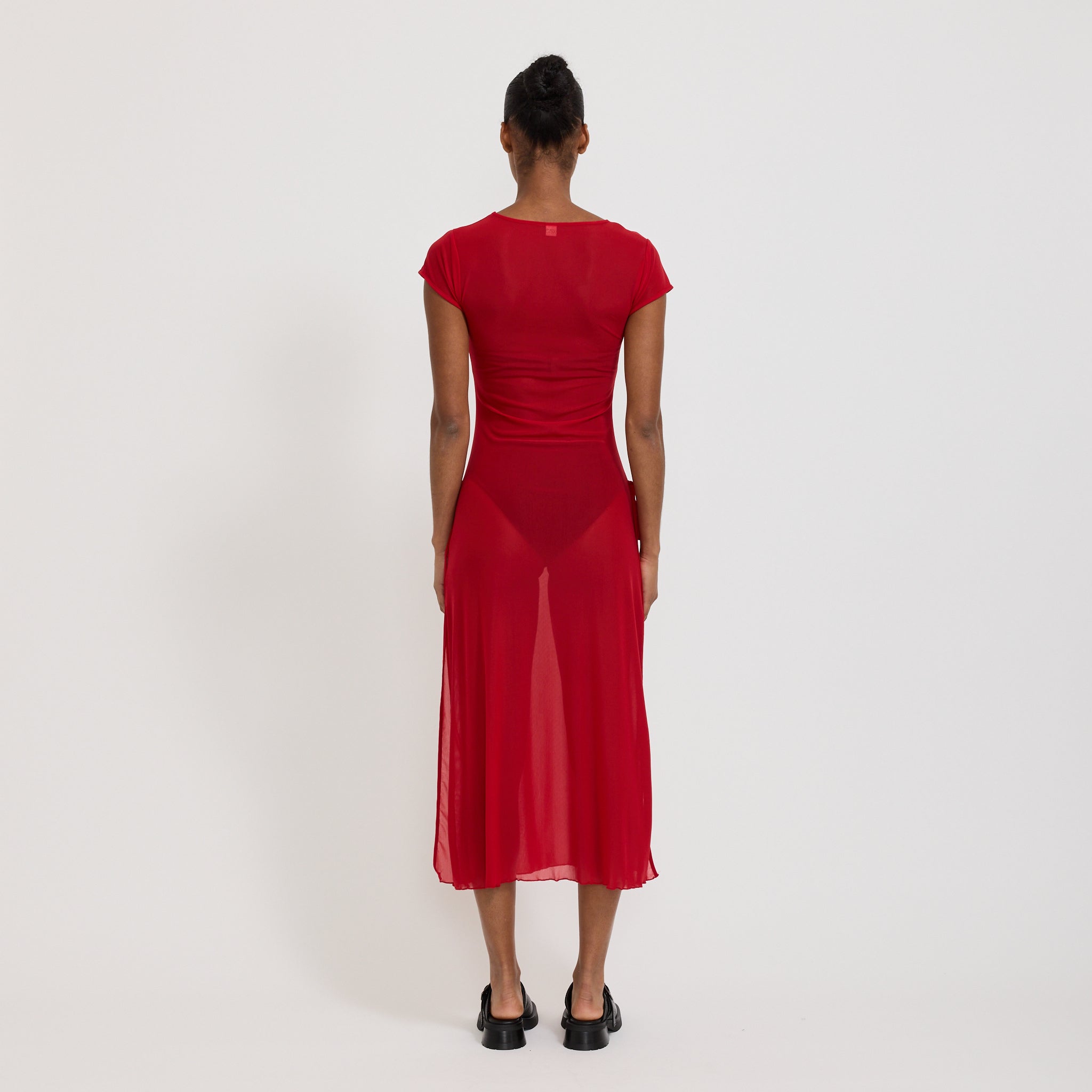 Korean Power Mesh Bow Midi Dress Red