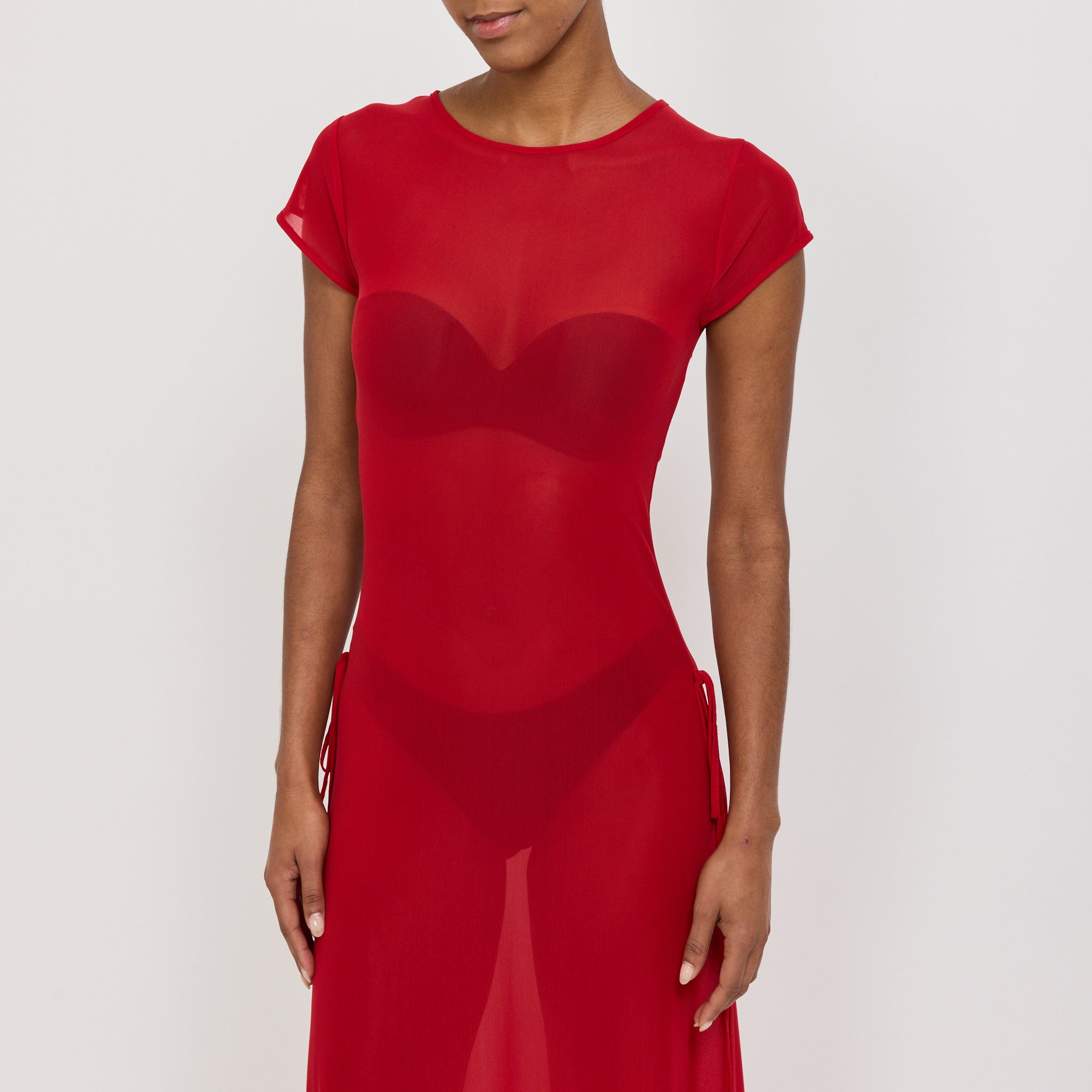 Korean Power Mesh Bow Midi Dress Red