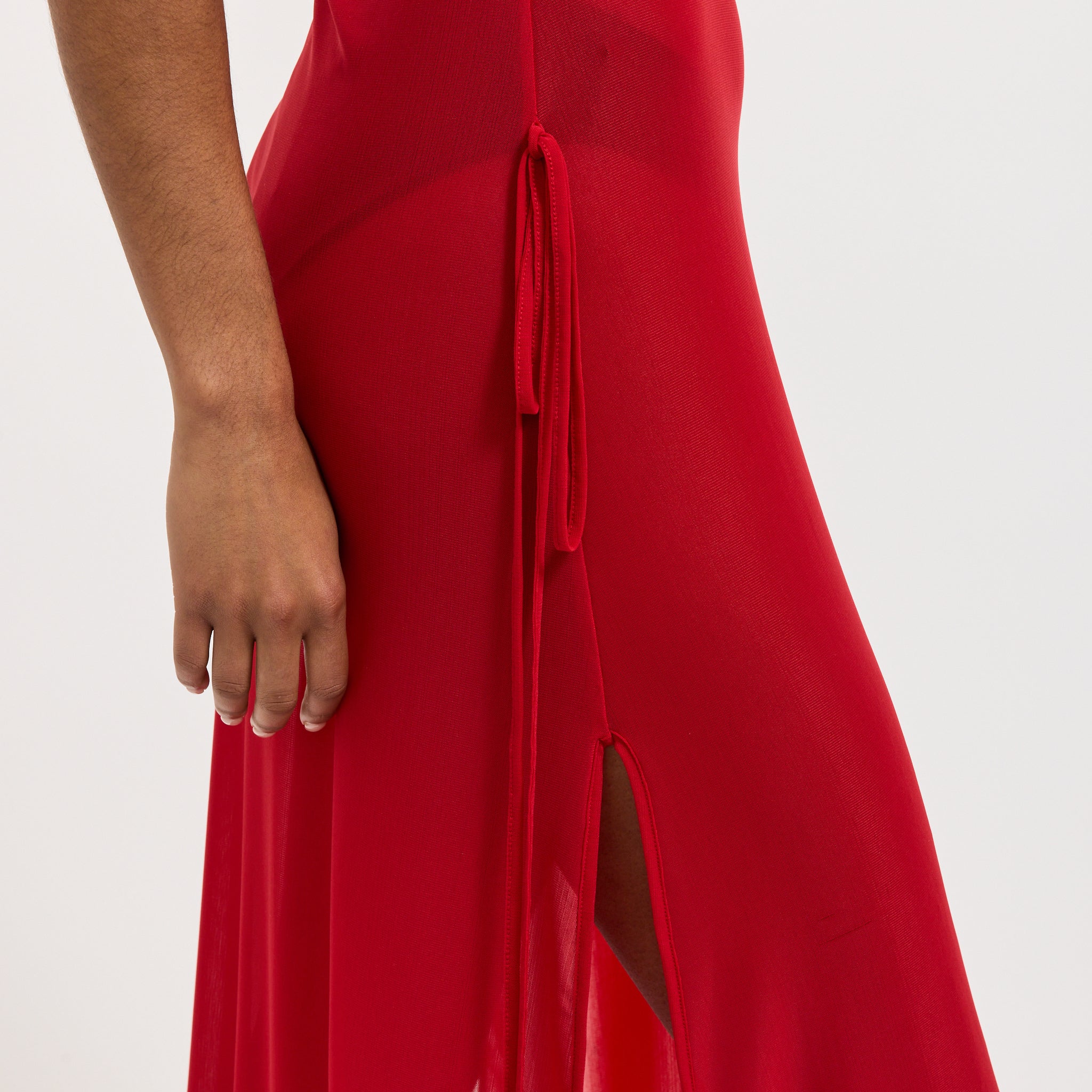 Korean Power Mesh Bow Midi Dress Red