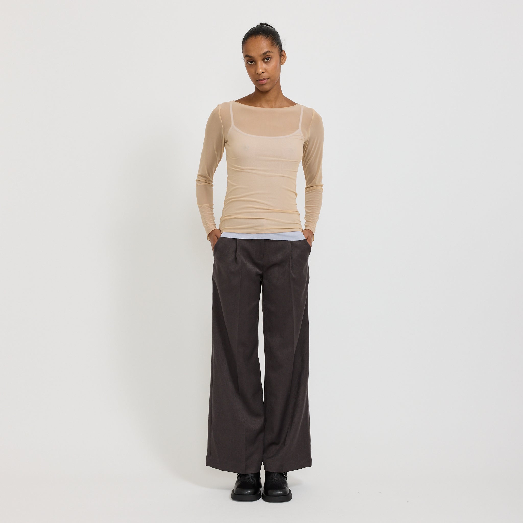 Korean Power Mesh Boat Neck Long Sleeve Light Fawn