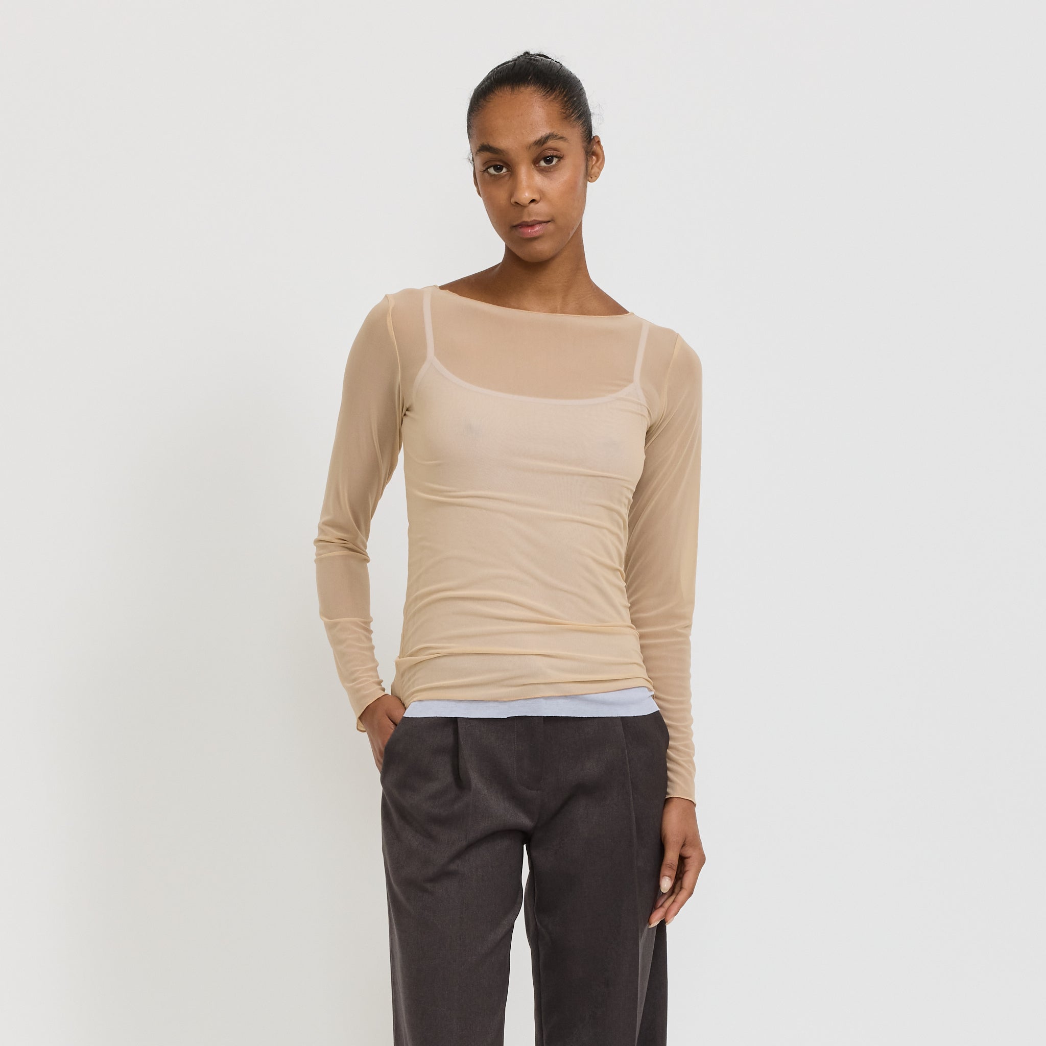 Korean Power Mesh Boat Neck Long Sleeve Light Fawn