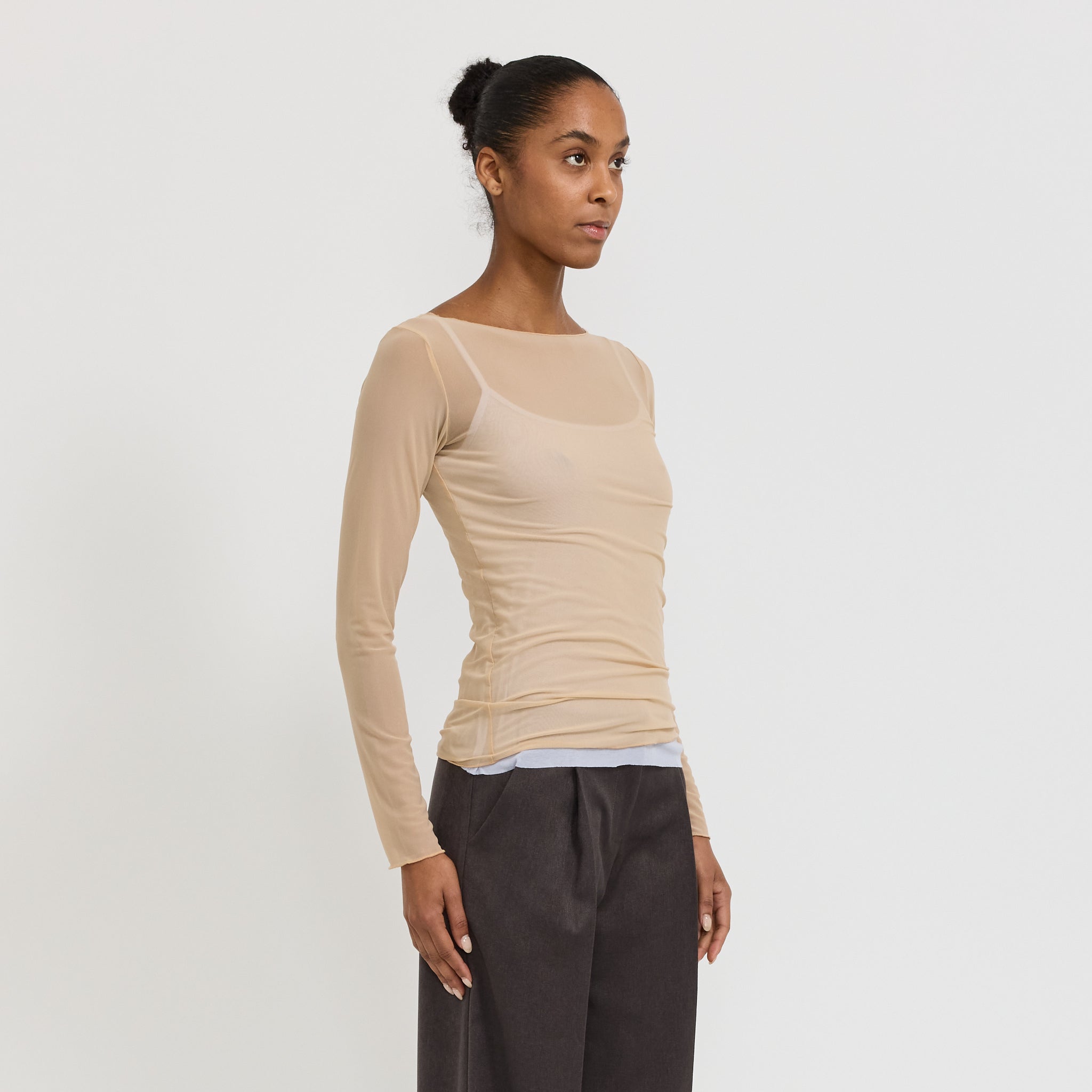 Korean Power Mesh Boat Neck Long Sleeve Light Fawn