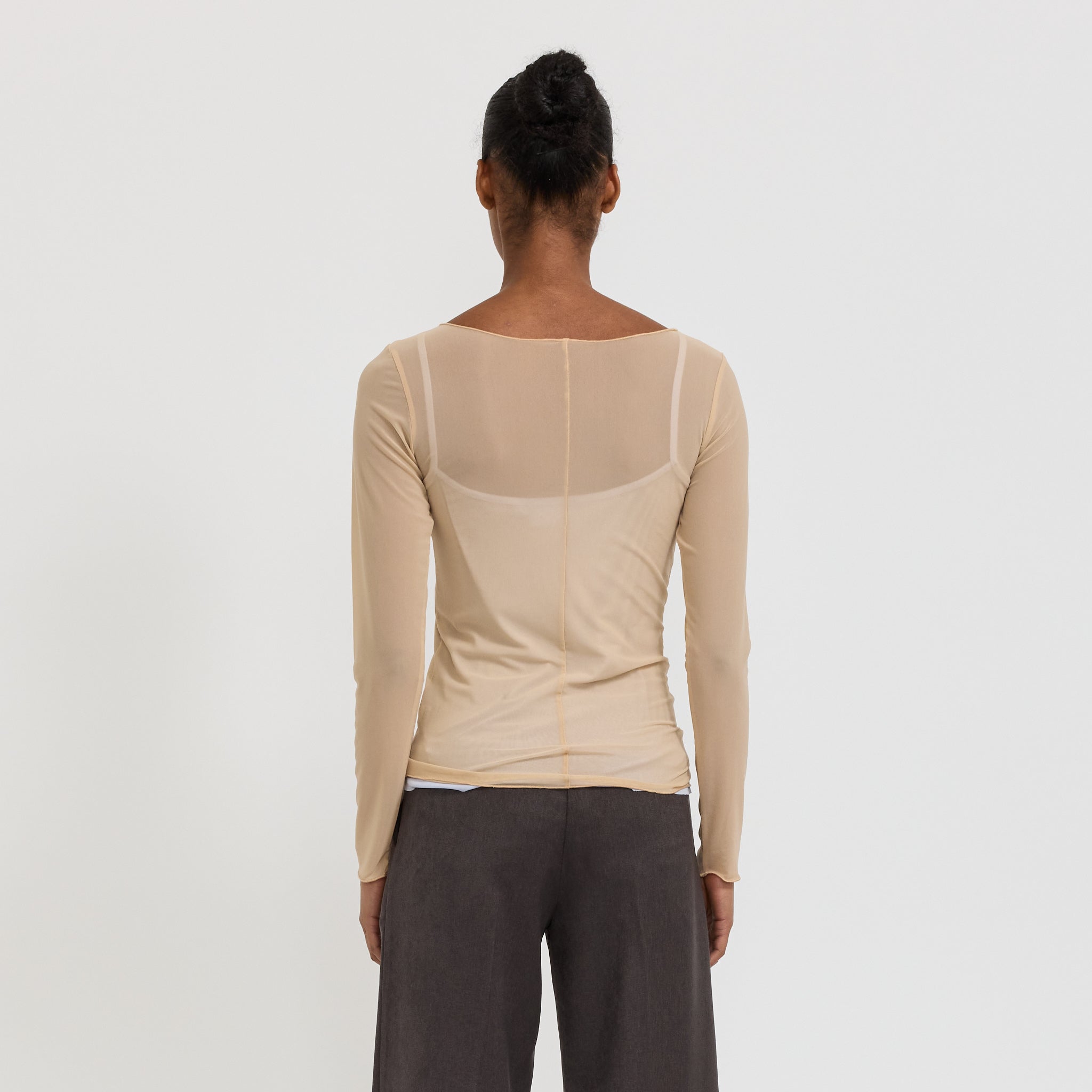 Korean Power Mesh Boat Neck Long Sleeve Light Fawn