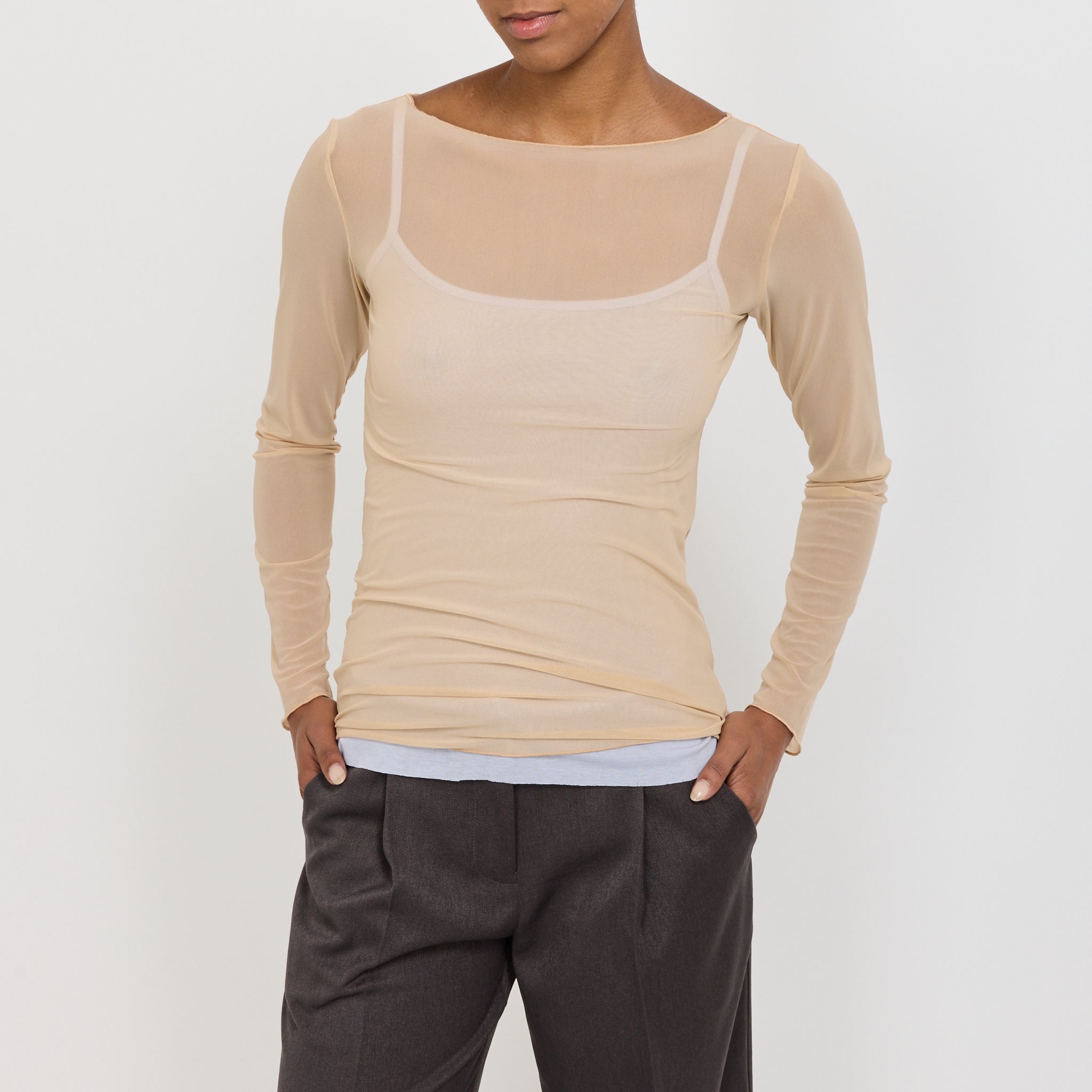 Korean Power Mesh Boat Neck Long Sleeve Light Fawn