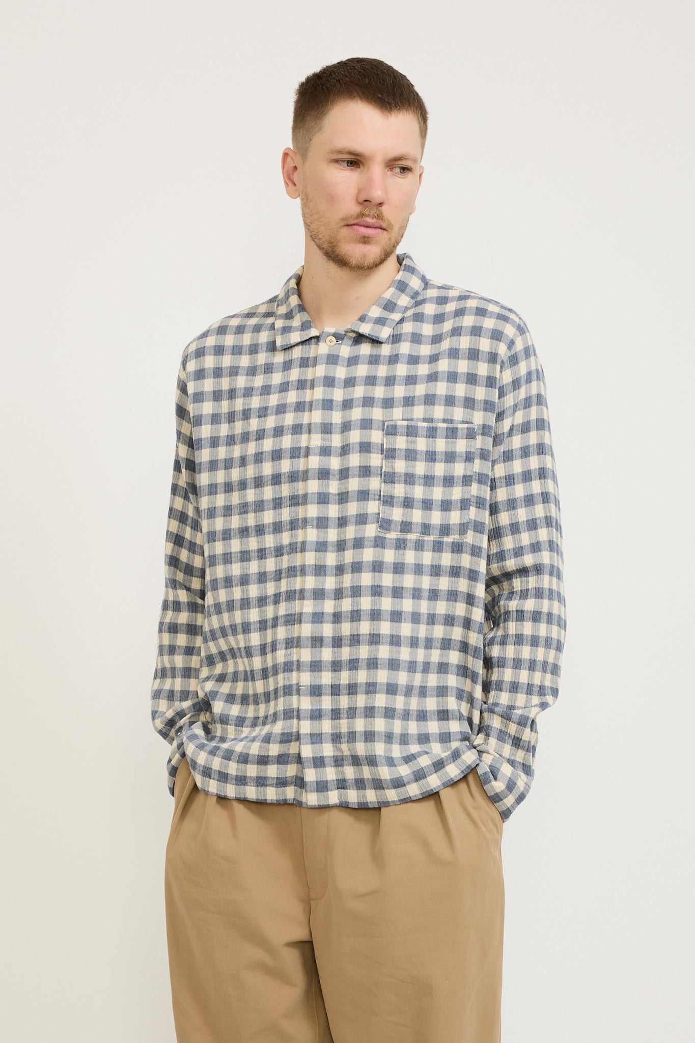 Patch Shirt Soft Blue Crinkly Check