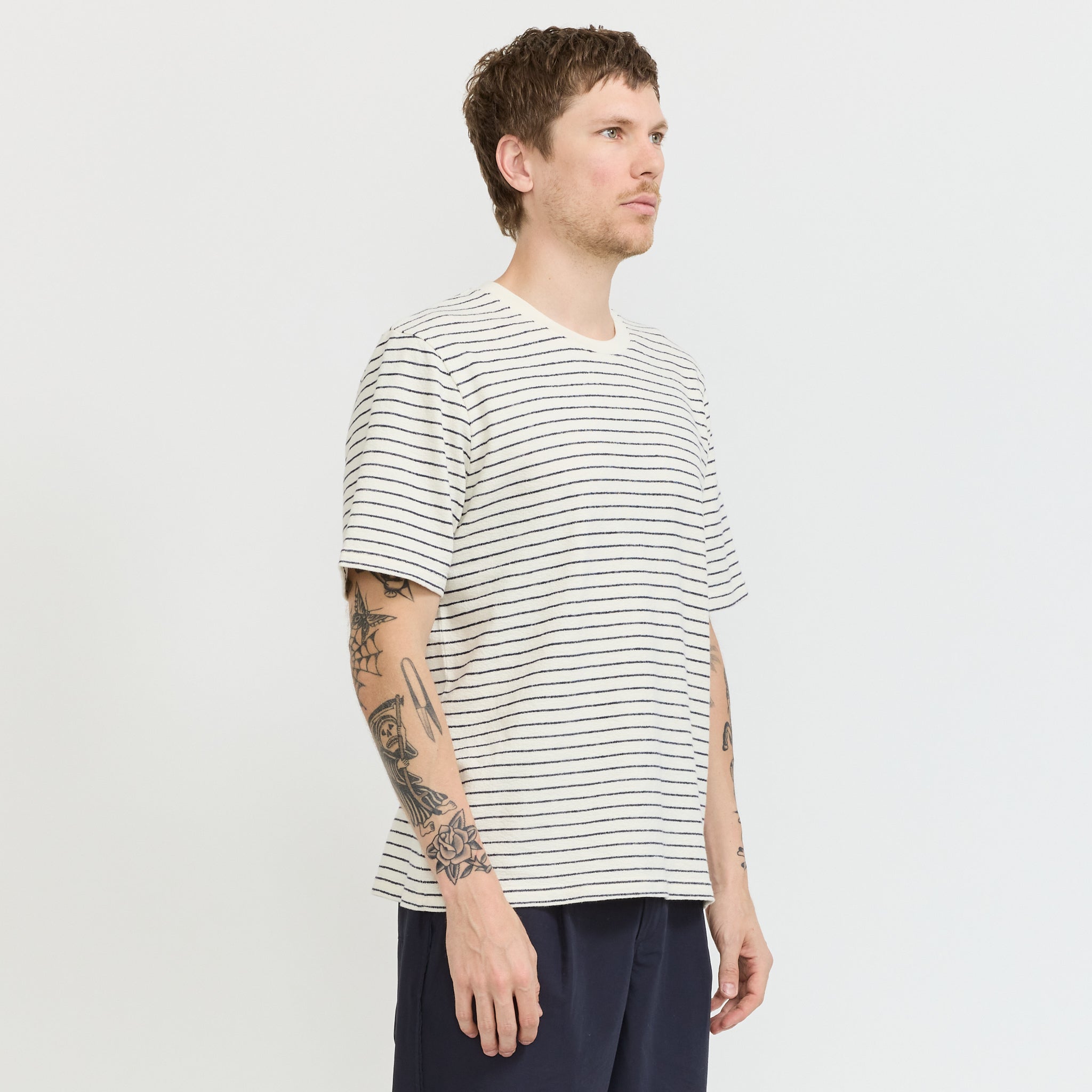 SS Textured Stripe T-Shirt Ecru Navy