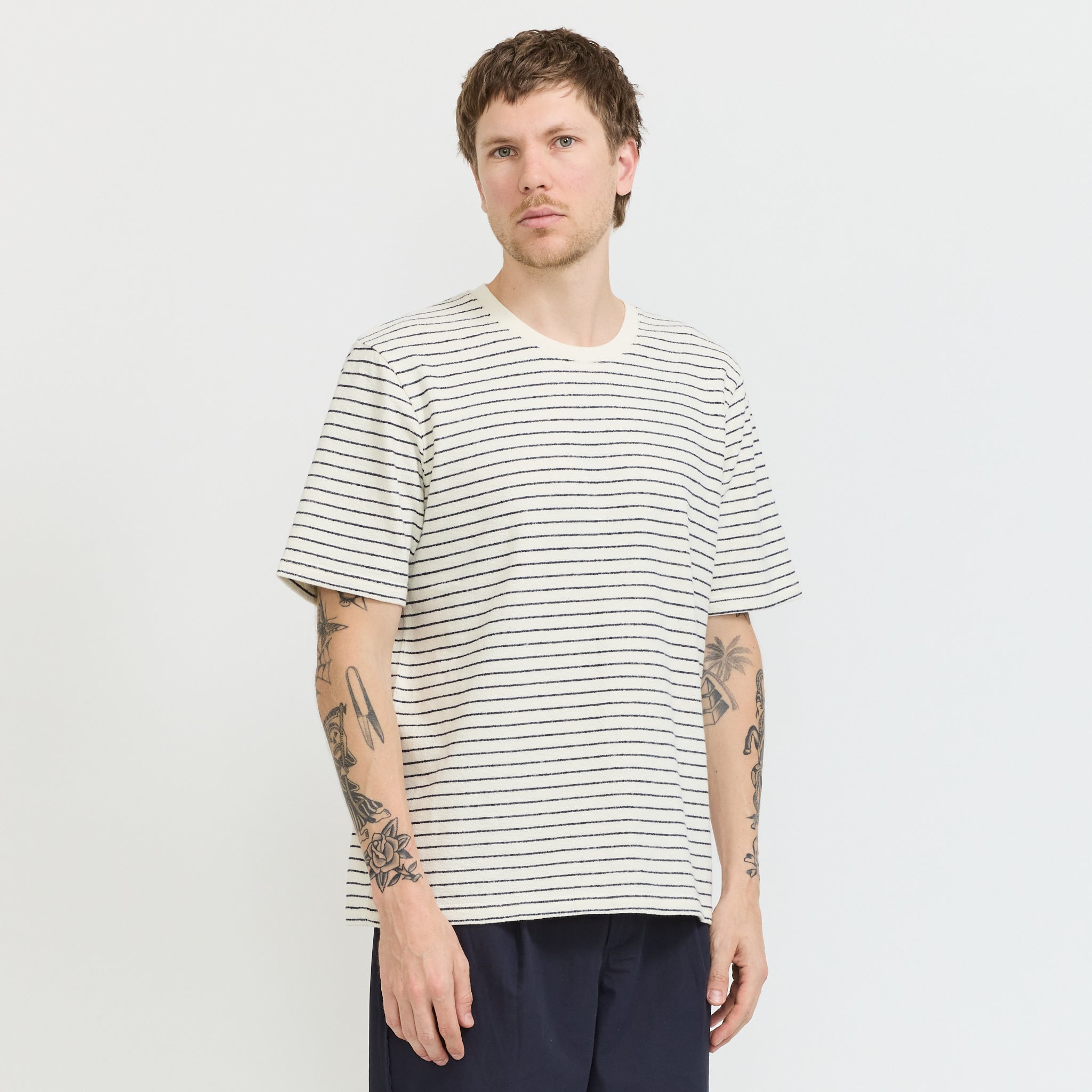 SS Textured Stripe T-Shirt Ecru Navy