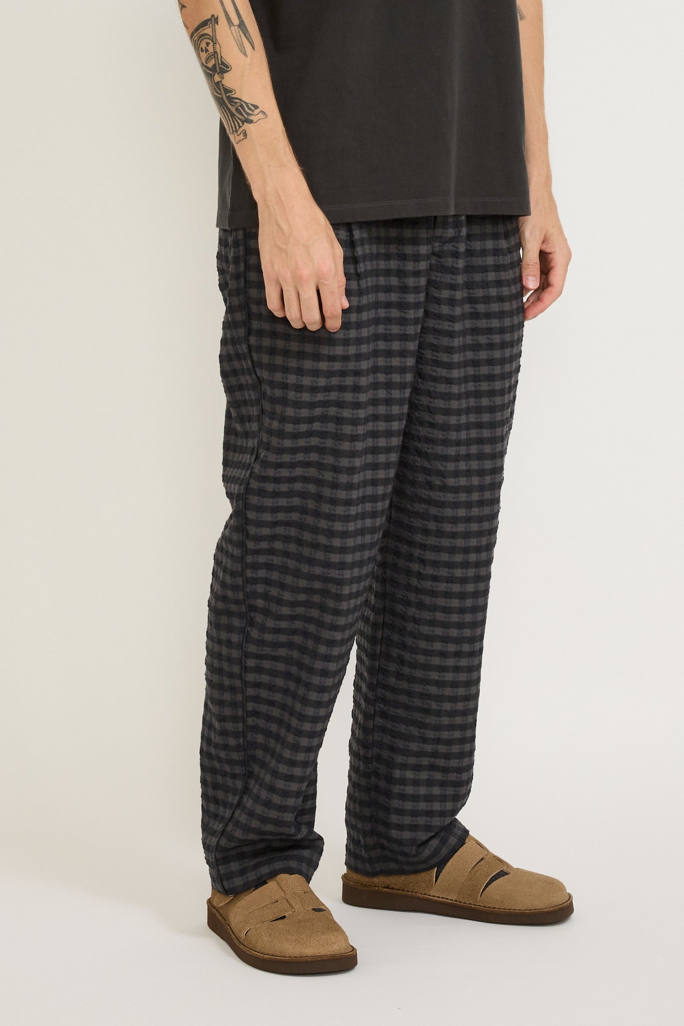 Folk | Wide Fit Trousers Navy Crinkle Check | Maplestore
