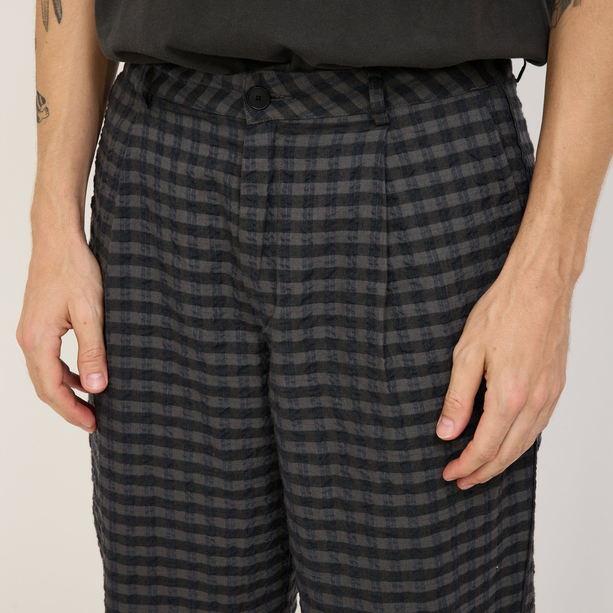 Folk | Wide Fit Trousers Navy Crinkle Check | Maplestore