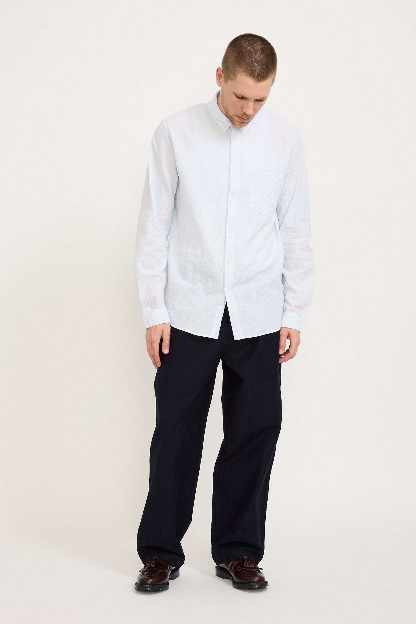 Folk | Wide Fit Trouser Navy Linear Texture | Maplestore