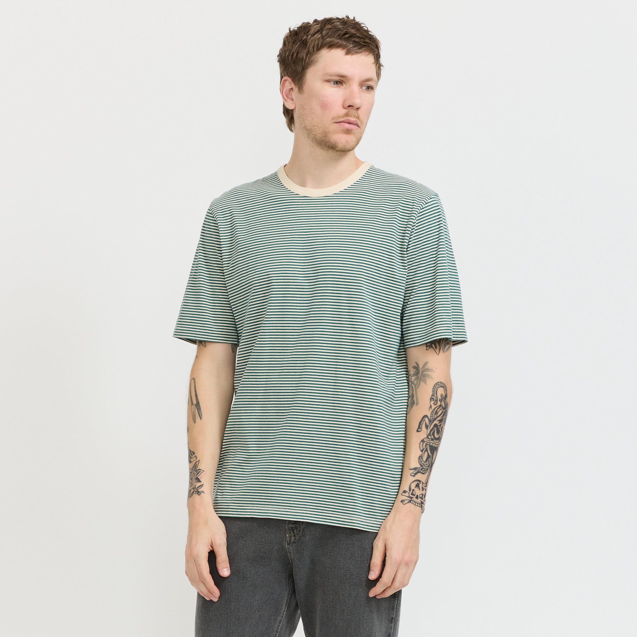 1X1 Stripe T-Shirt Pthalo Green / Ecru