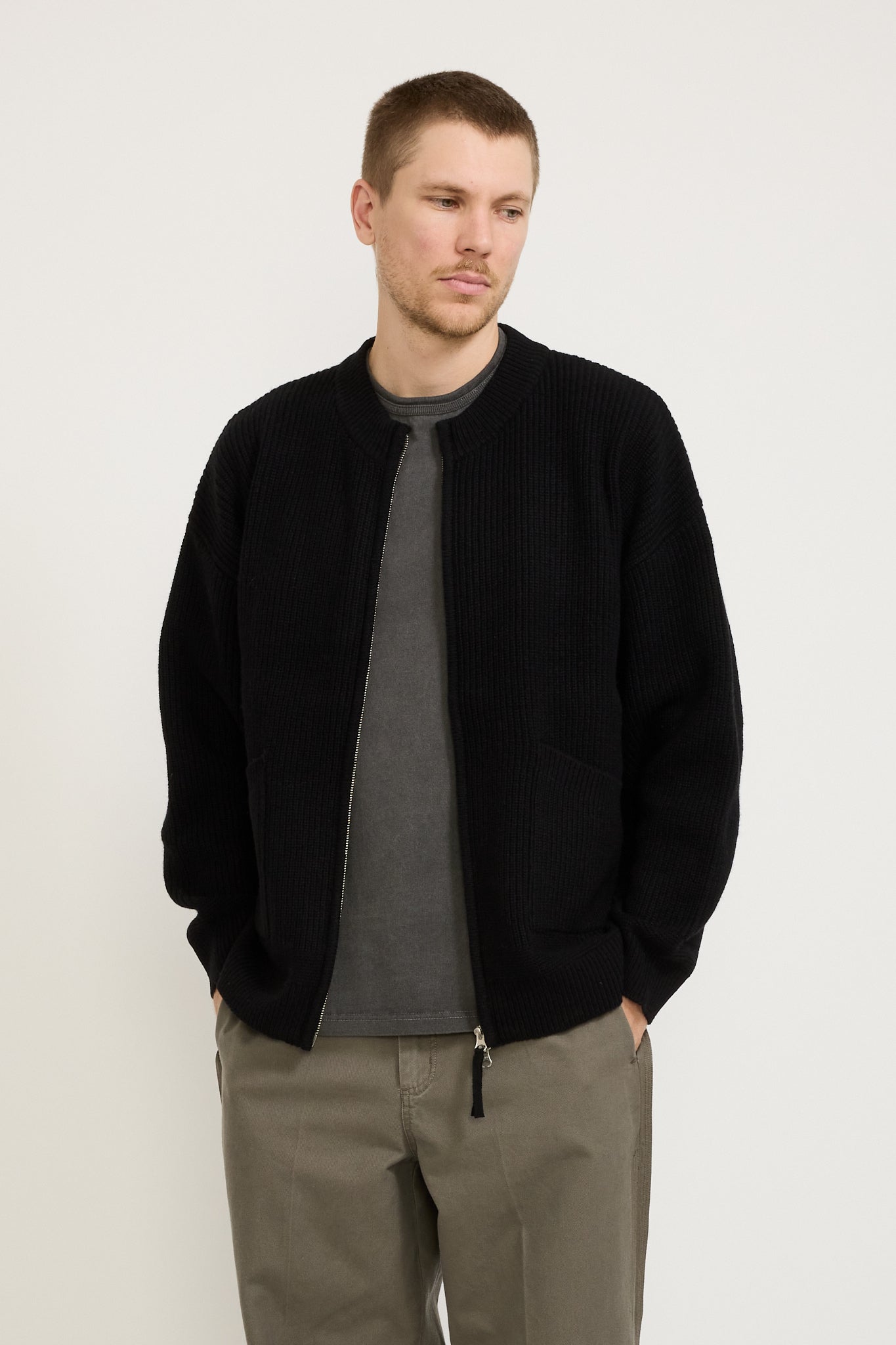 Wool Deck Zip Up Cardigan Black