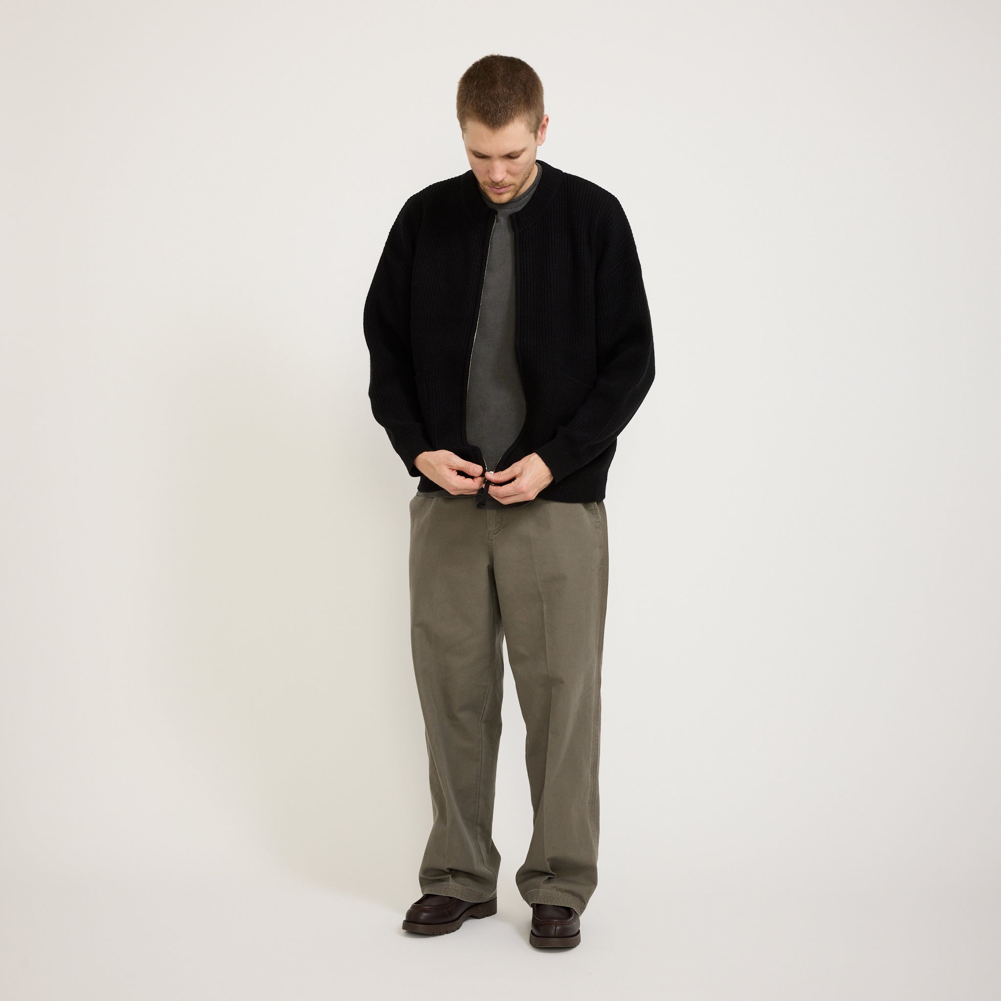 Wool Deck Zip Up Cardigan Black