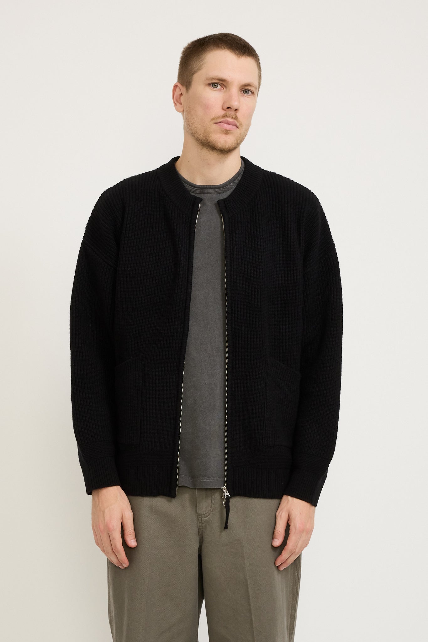 Wool Deck Zip Up Cardigan Black