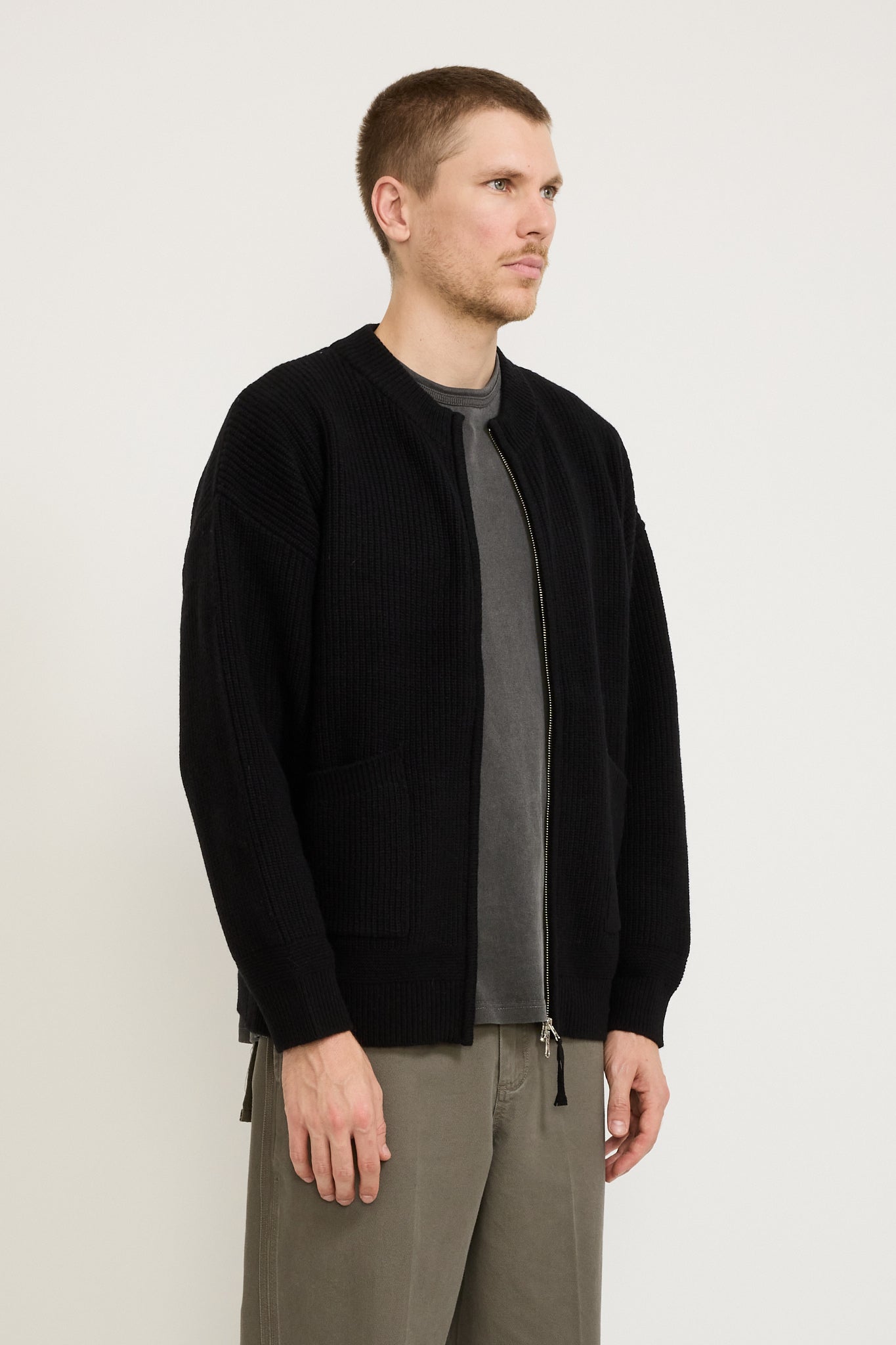 Wool Deck Zip Up Cardigan Black