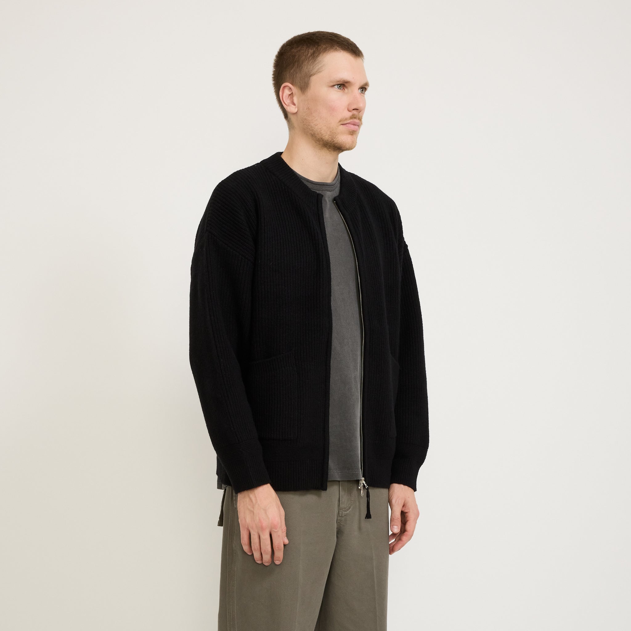 Wool Deck Zip Up Cardigan Black