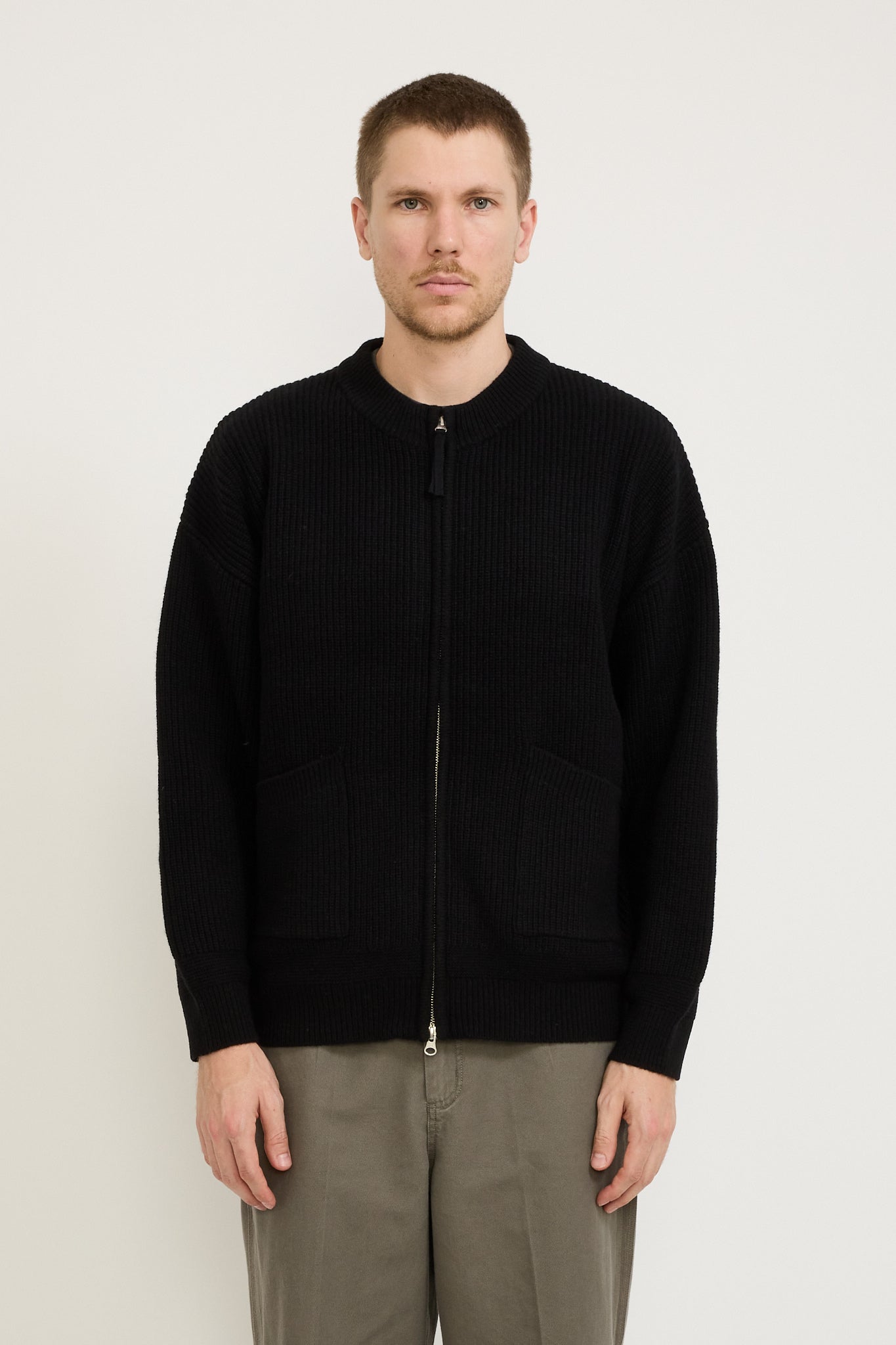 Wool Deck Zip Up Cardigan Black