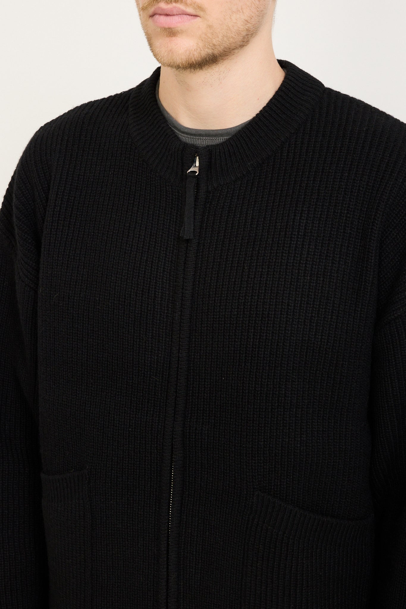 Wool Deck Zip Up Cardigan Black