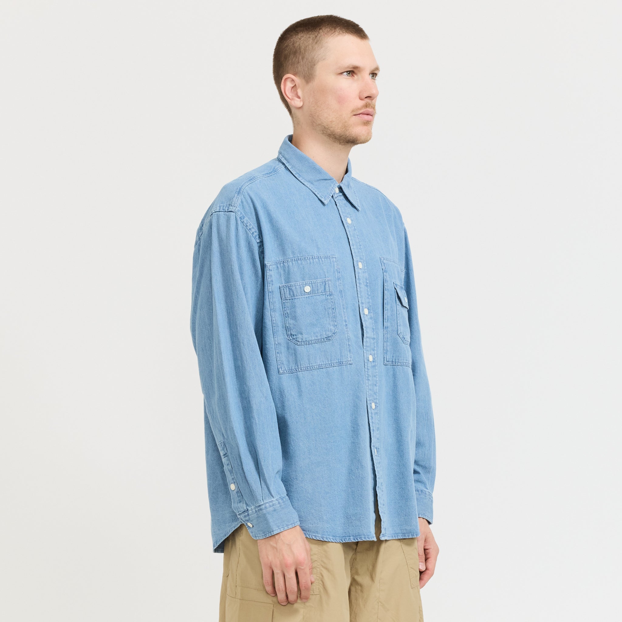 Bleach Denim Utility Shirt Mid Blue
