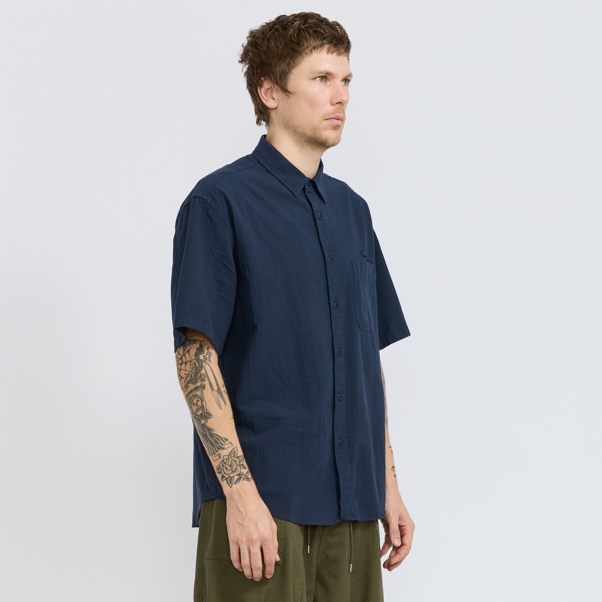 Frizmworks | OG Dobby Weave Seersucker Half Shirt Navy | Maplestore