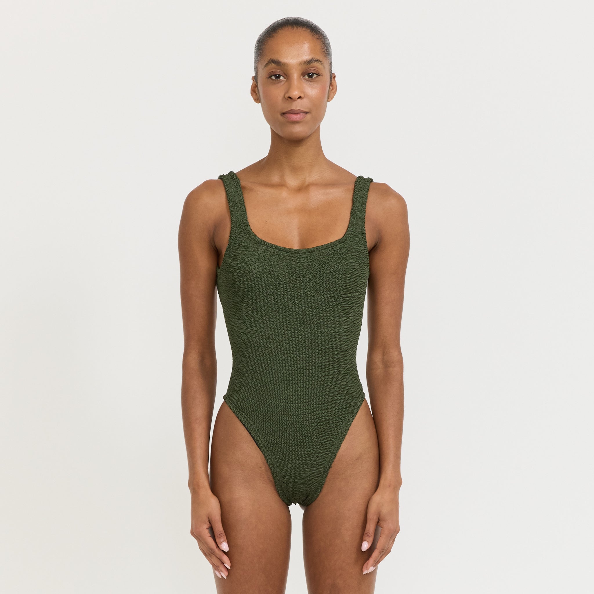 Square Neck Swimsuit Metallic Crinkle Khaki