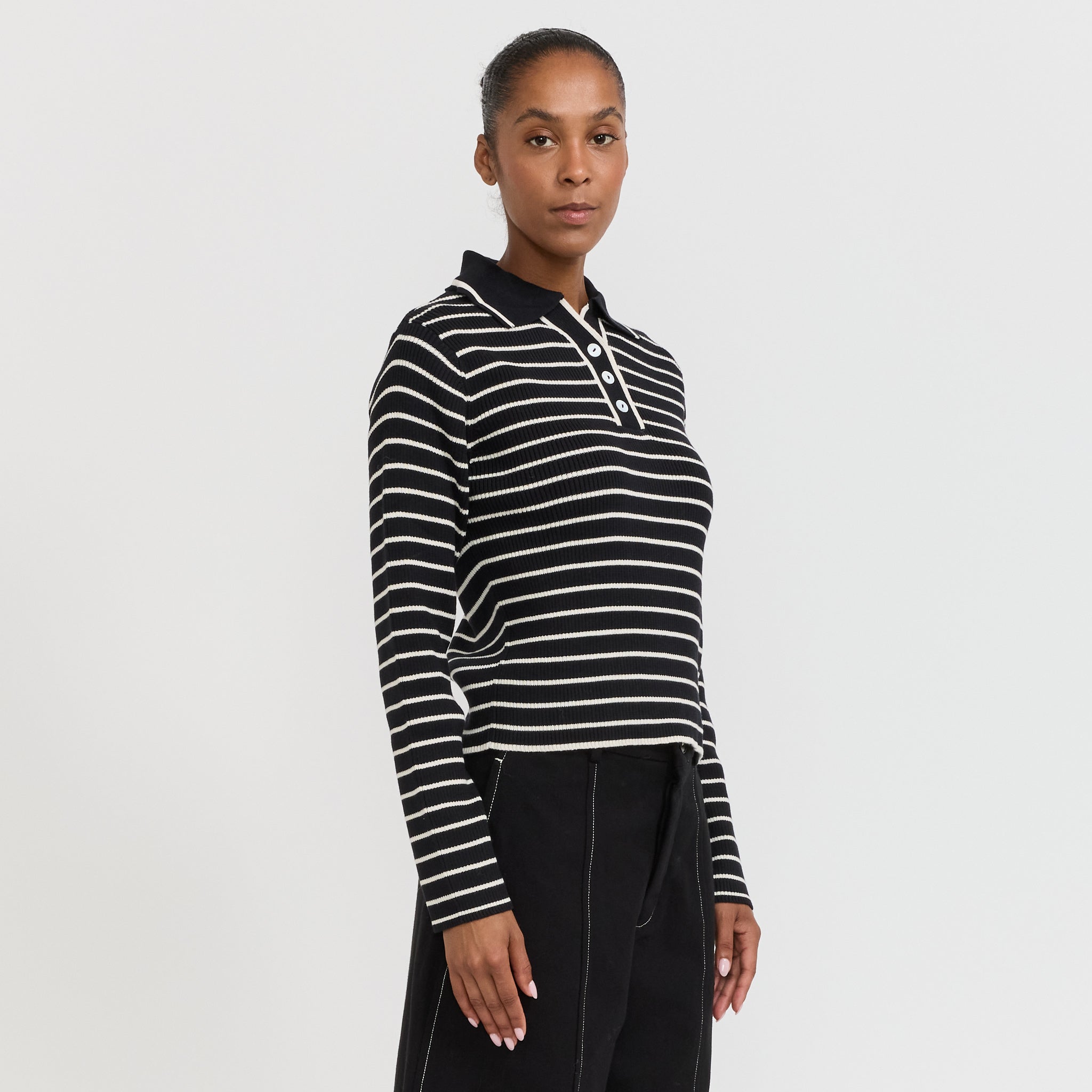 Kowtow | Stripe Polo Black Ecru Stripe | Maplestore