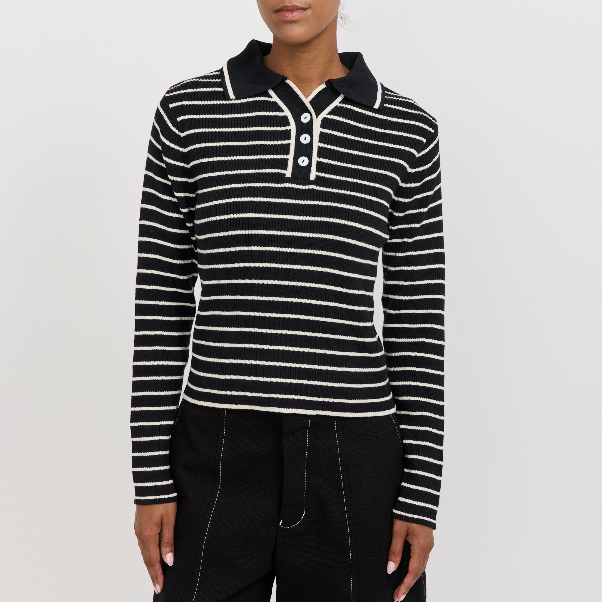 Kowtow | Stripe Polo Black Ecru Stripe | Maplestore