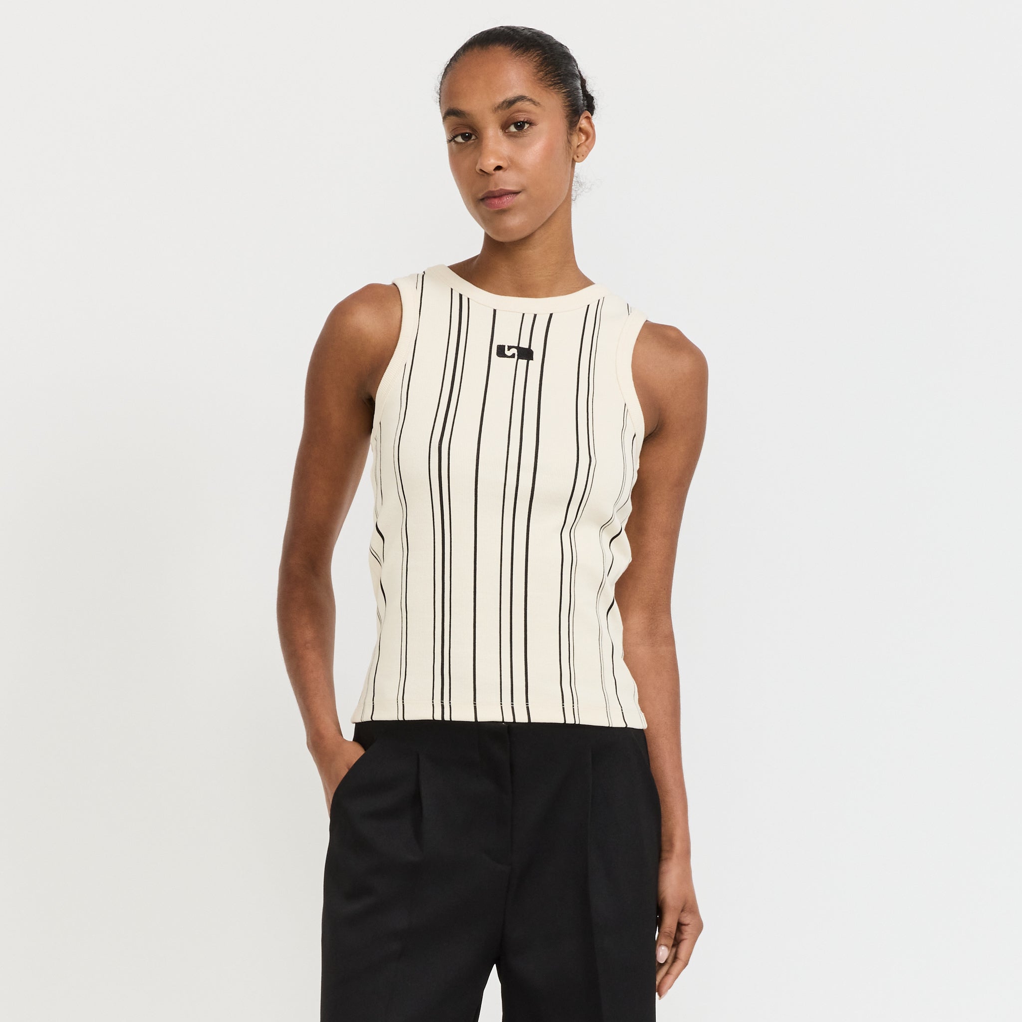 Embroidered Stripe Logo Tank Ecru