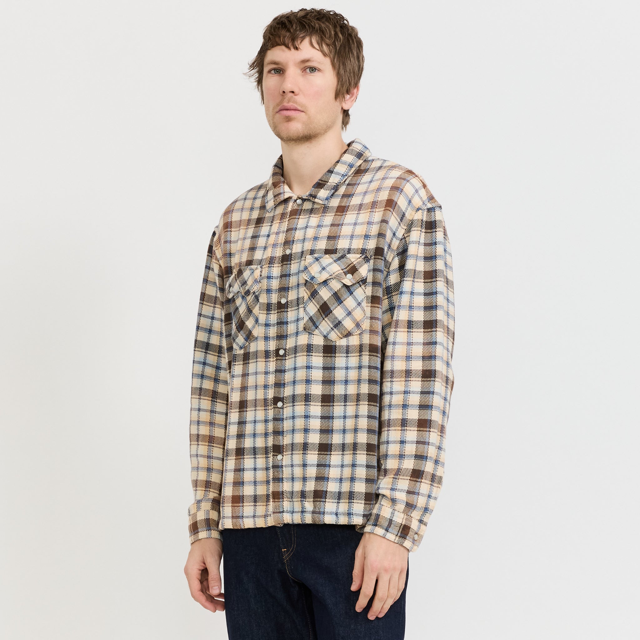 L/S Boxy Western Shirt Tanner Plaid Whitecap Grey