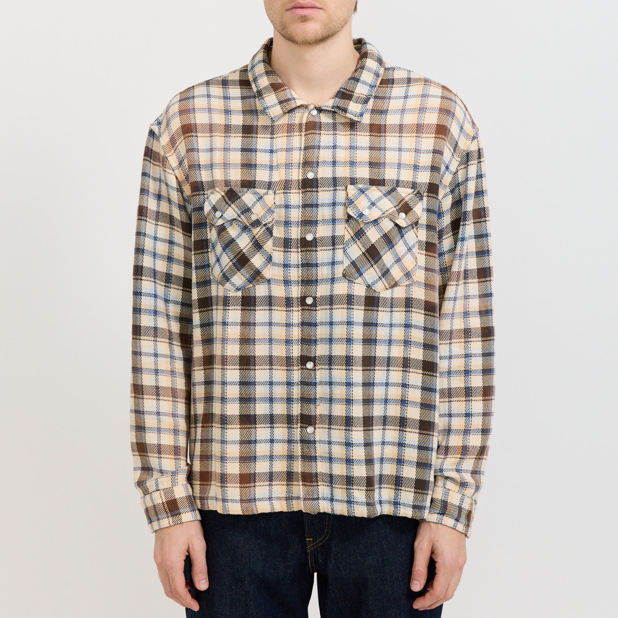 L/S Boxy Western Shirt Tanner Plaid Whitecap Grey