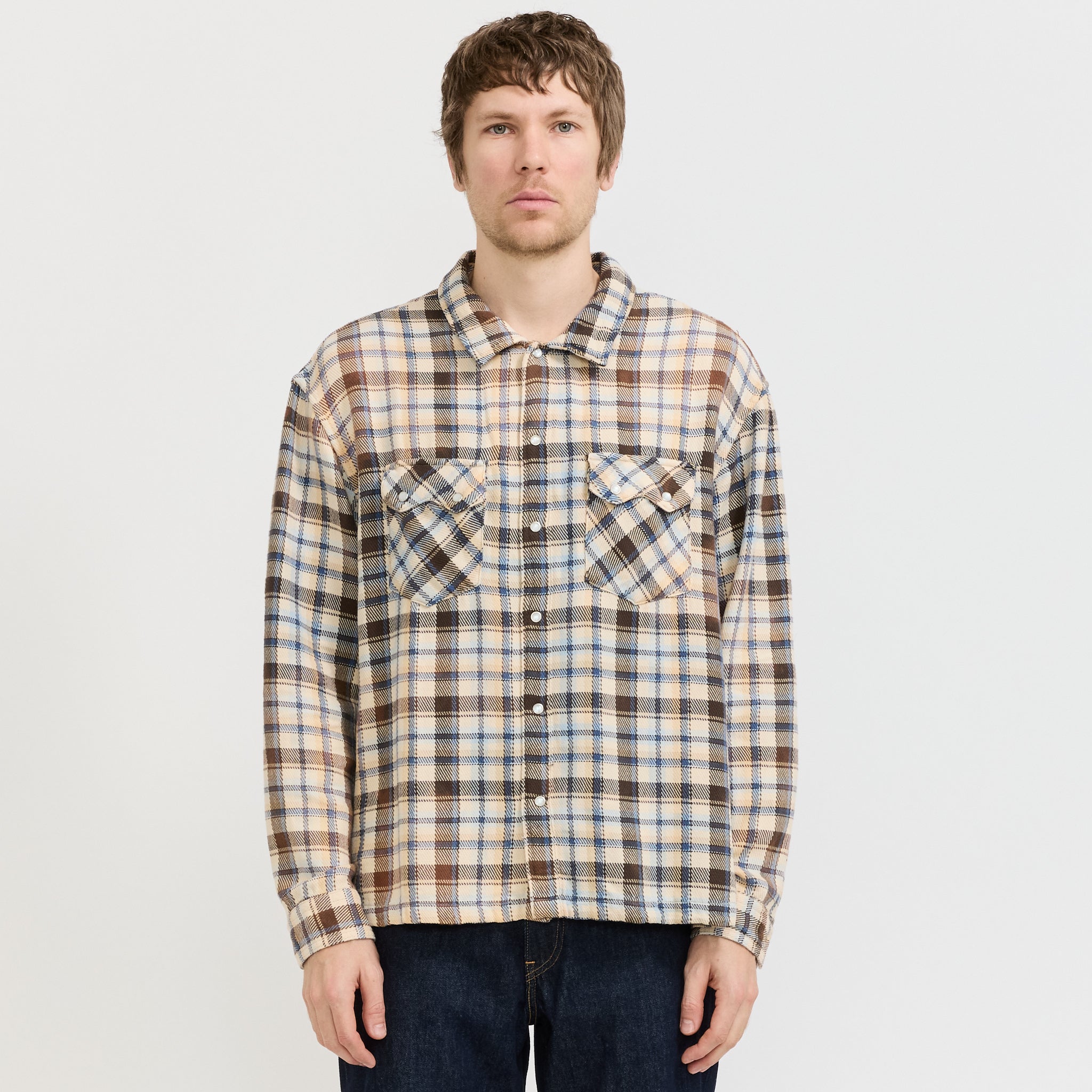 L/S Boxy Western Shirt Tanner Plaid Whitecap Grey