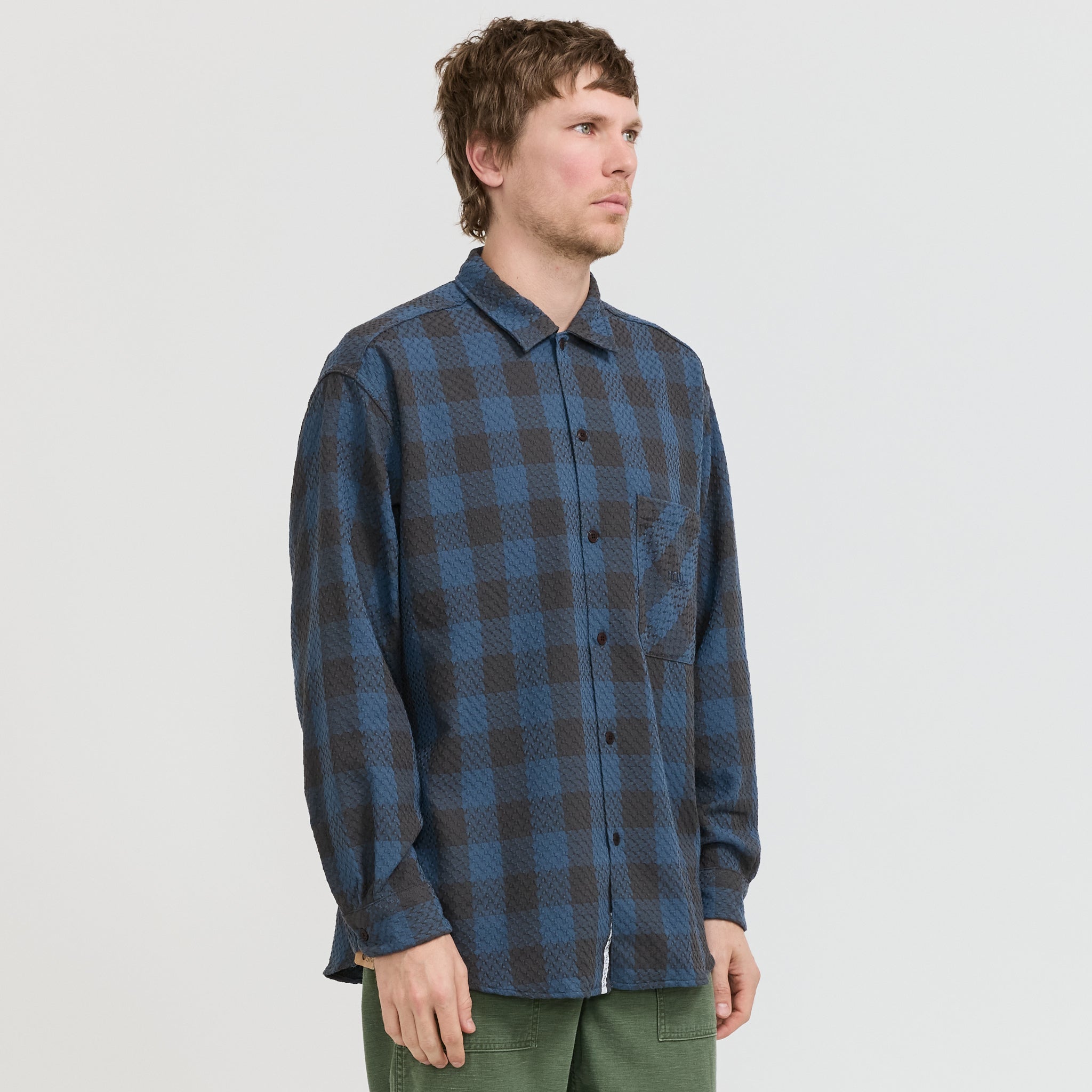 OOAL Block Check Jacquard Shirt Blue