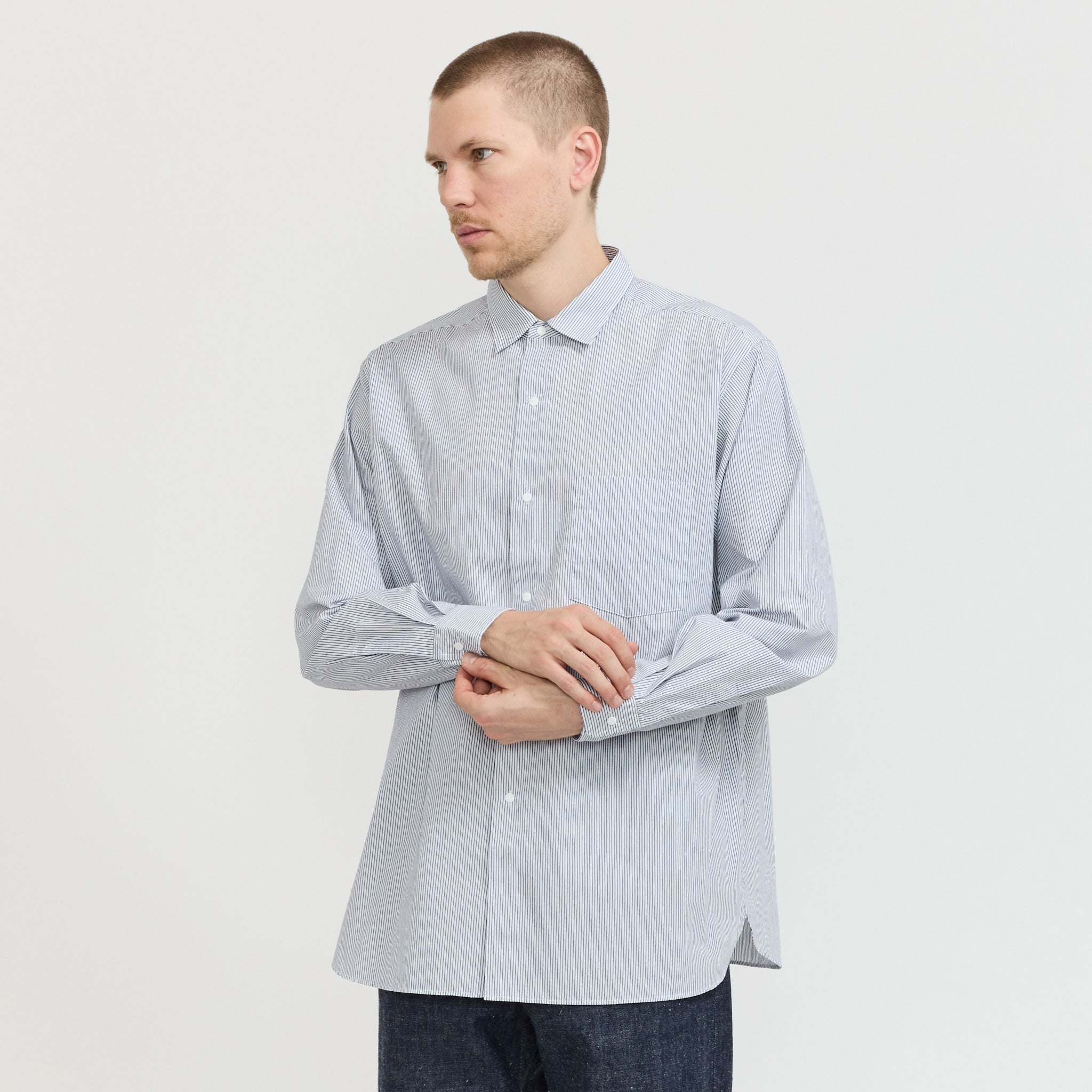 Nanamica Regular Collar Stripe Wind Shirt Navy | Maplestore