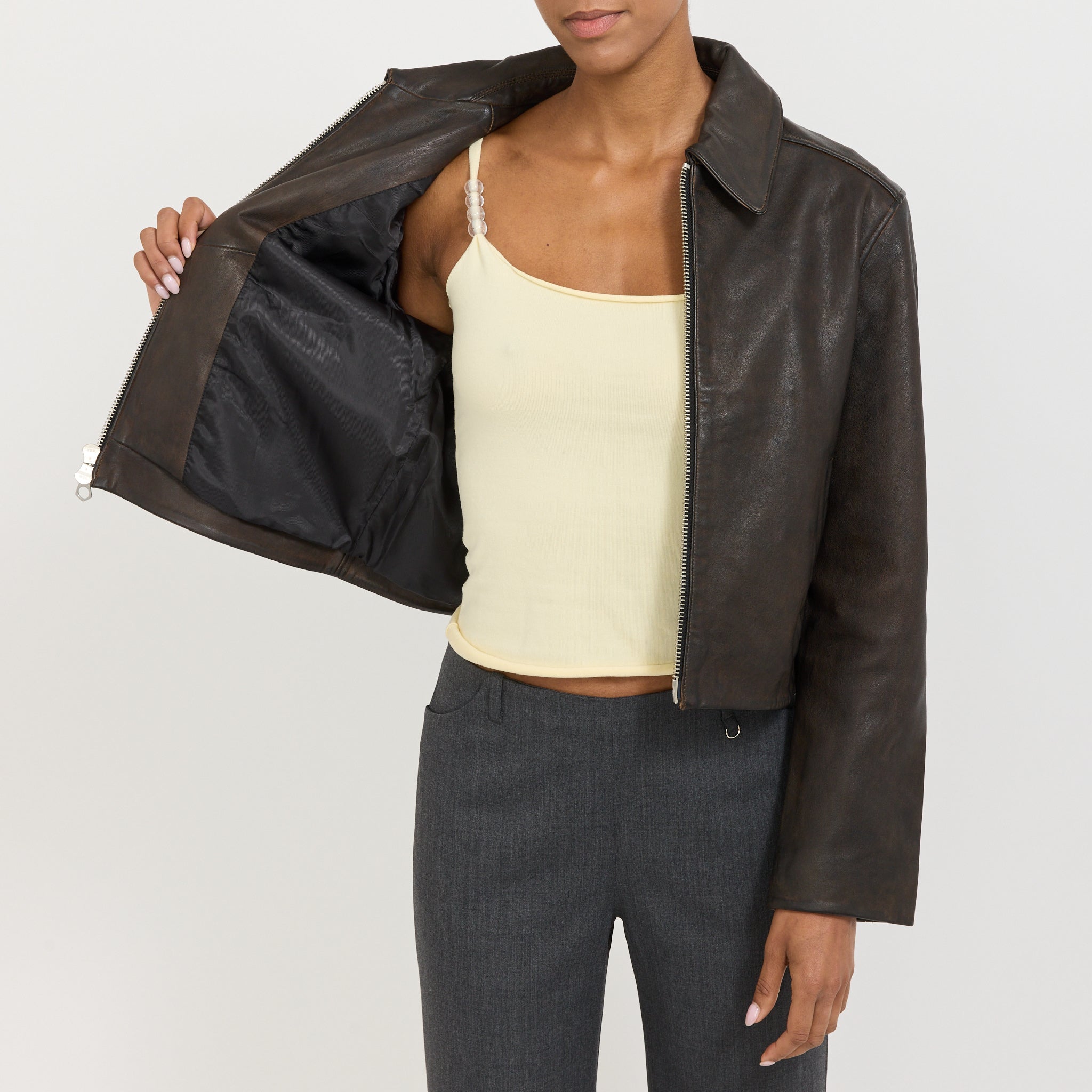 Leather Zip Jacket Brown