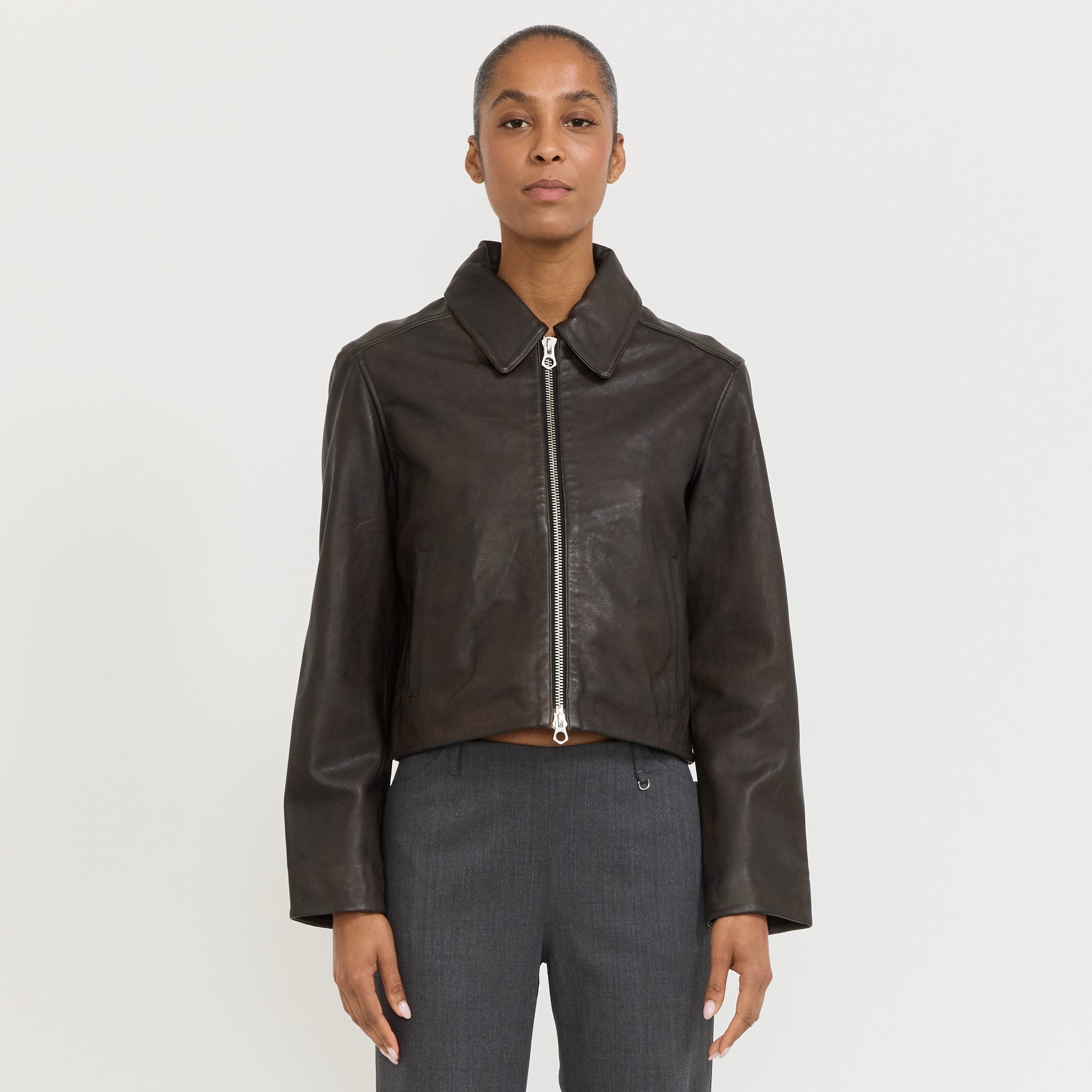 Leather Zip Jacket Brown