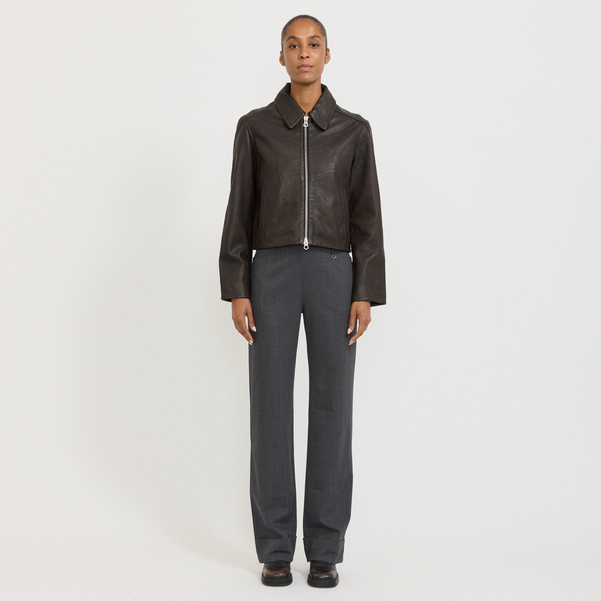 Leather Zip Jacket Brown