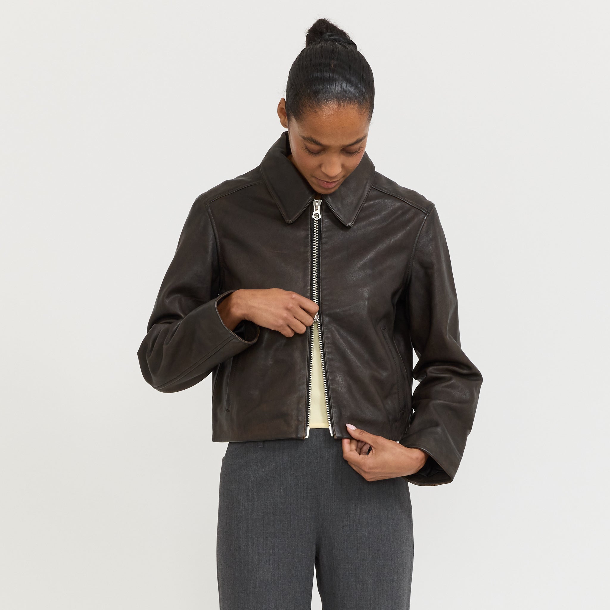 Leather Zip Jacket Brown