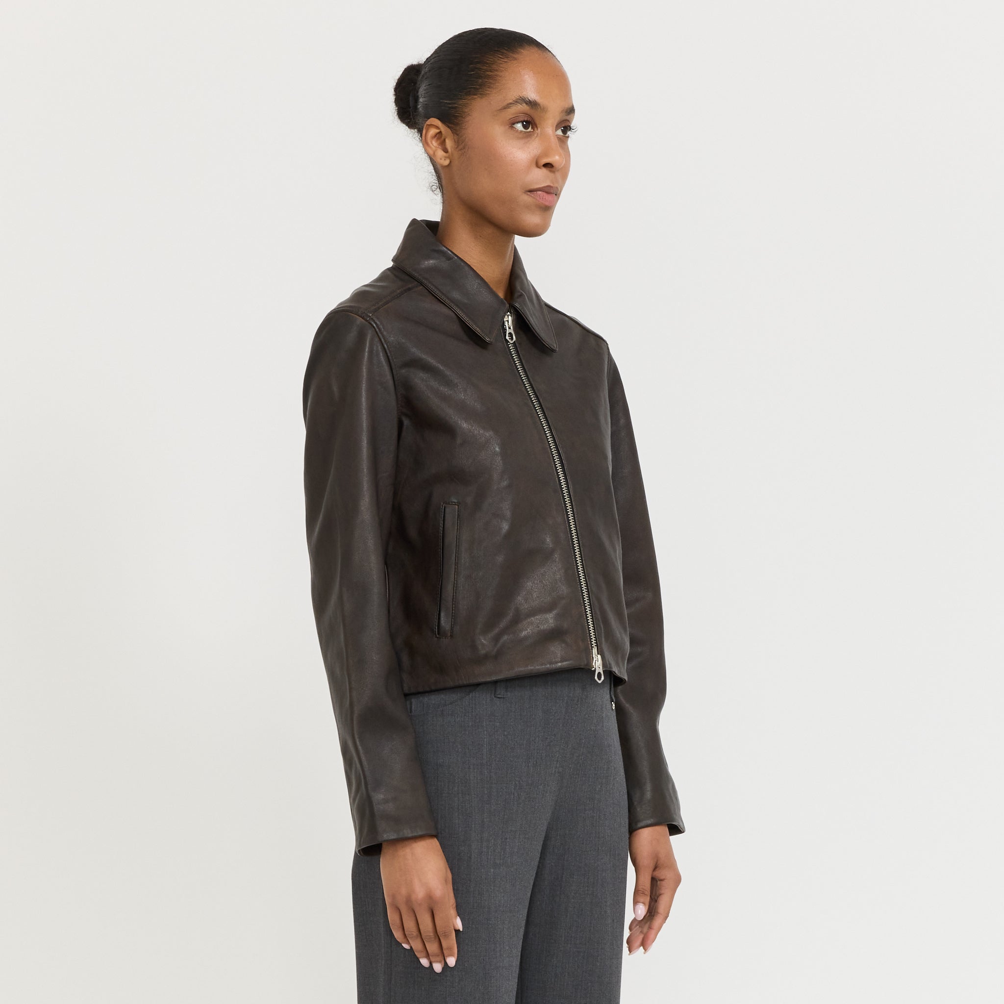 Leather Zip Jacket Brown