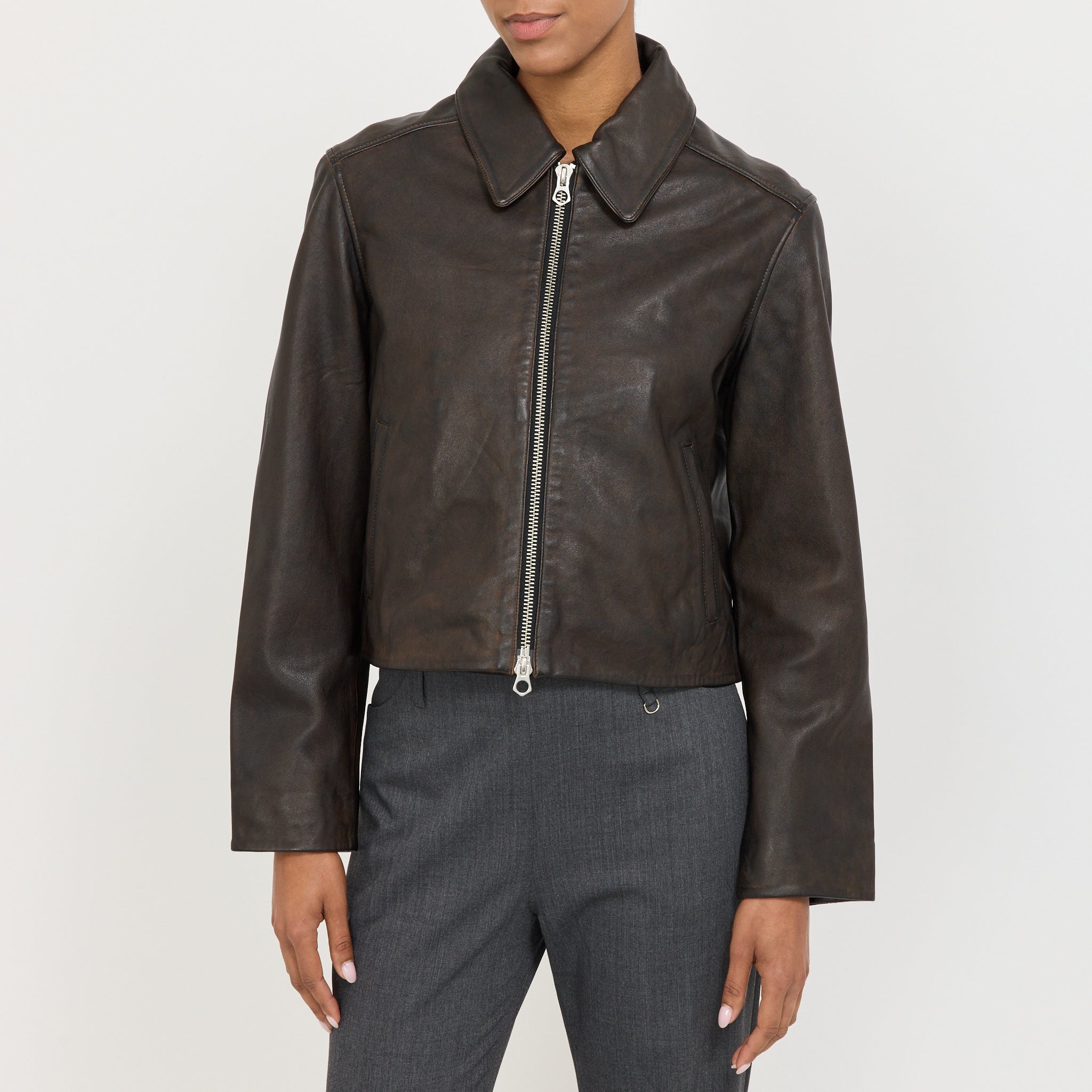 Leather Zip Jacket Brown