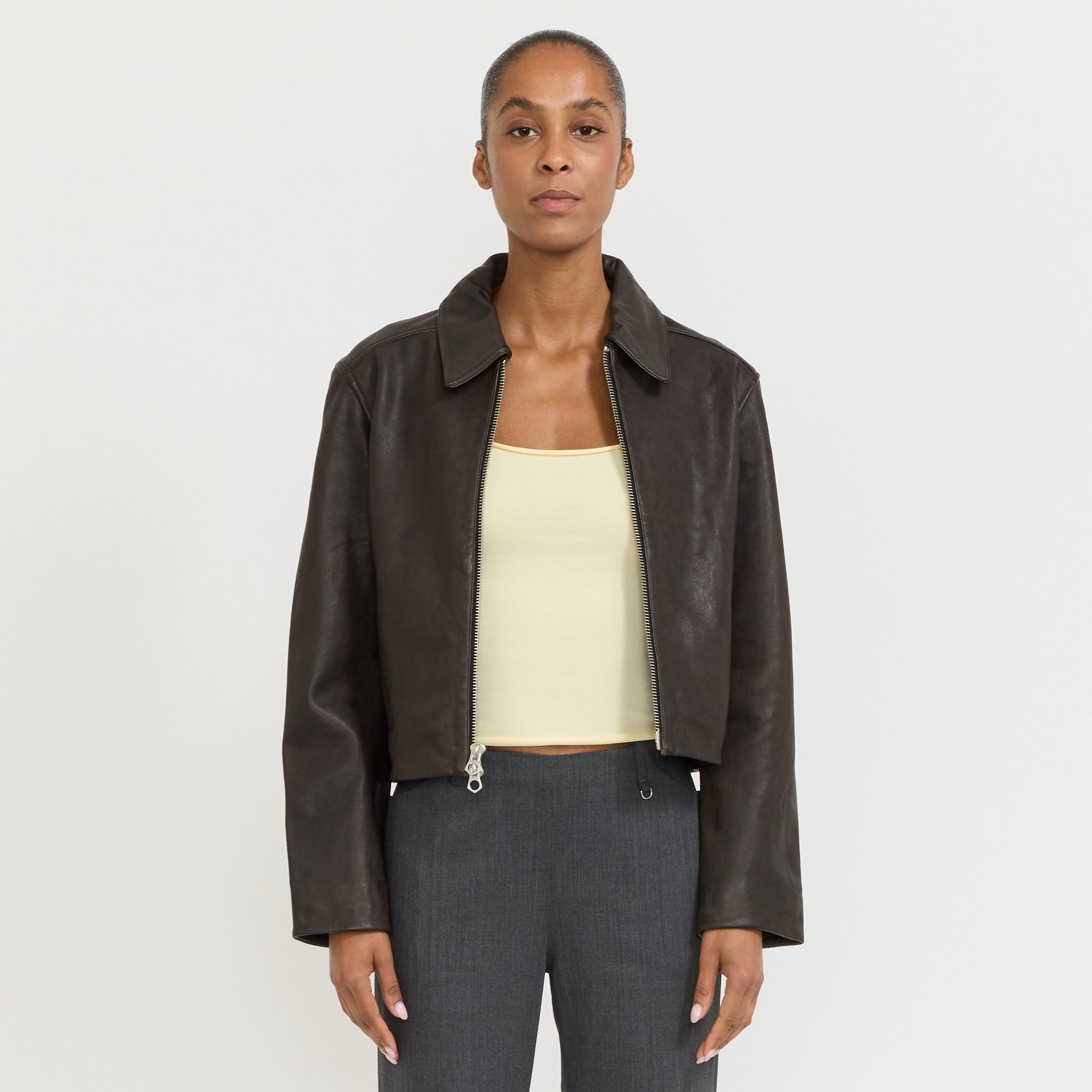 Leather Zip Jacket Brown