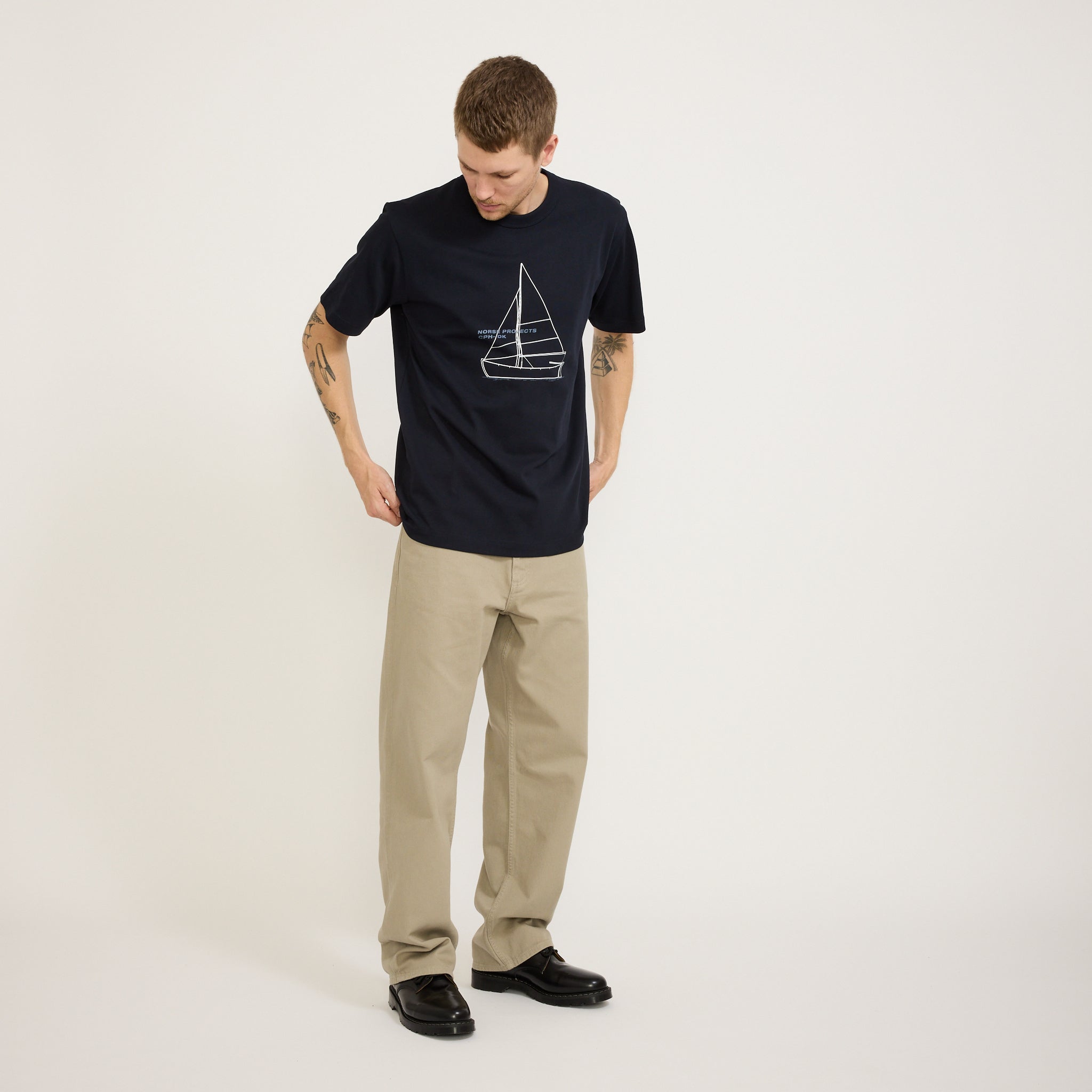 Holger Organic Boat Print T Shirt Dark Navy