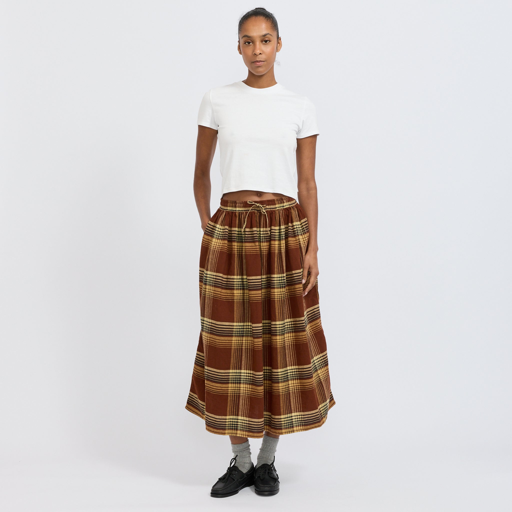 Original Check Gathered Skirt Brown Check