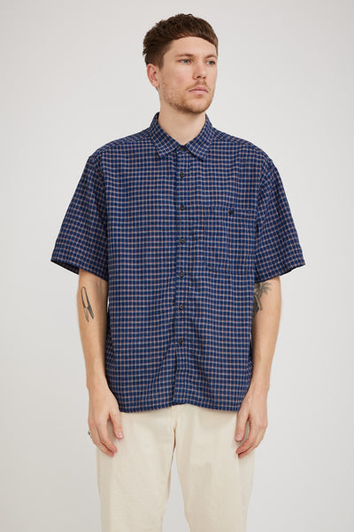 Orslow | Cotton Linen Loose Fit Short Sleeve Shirt Indigo Check | Maplestore