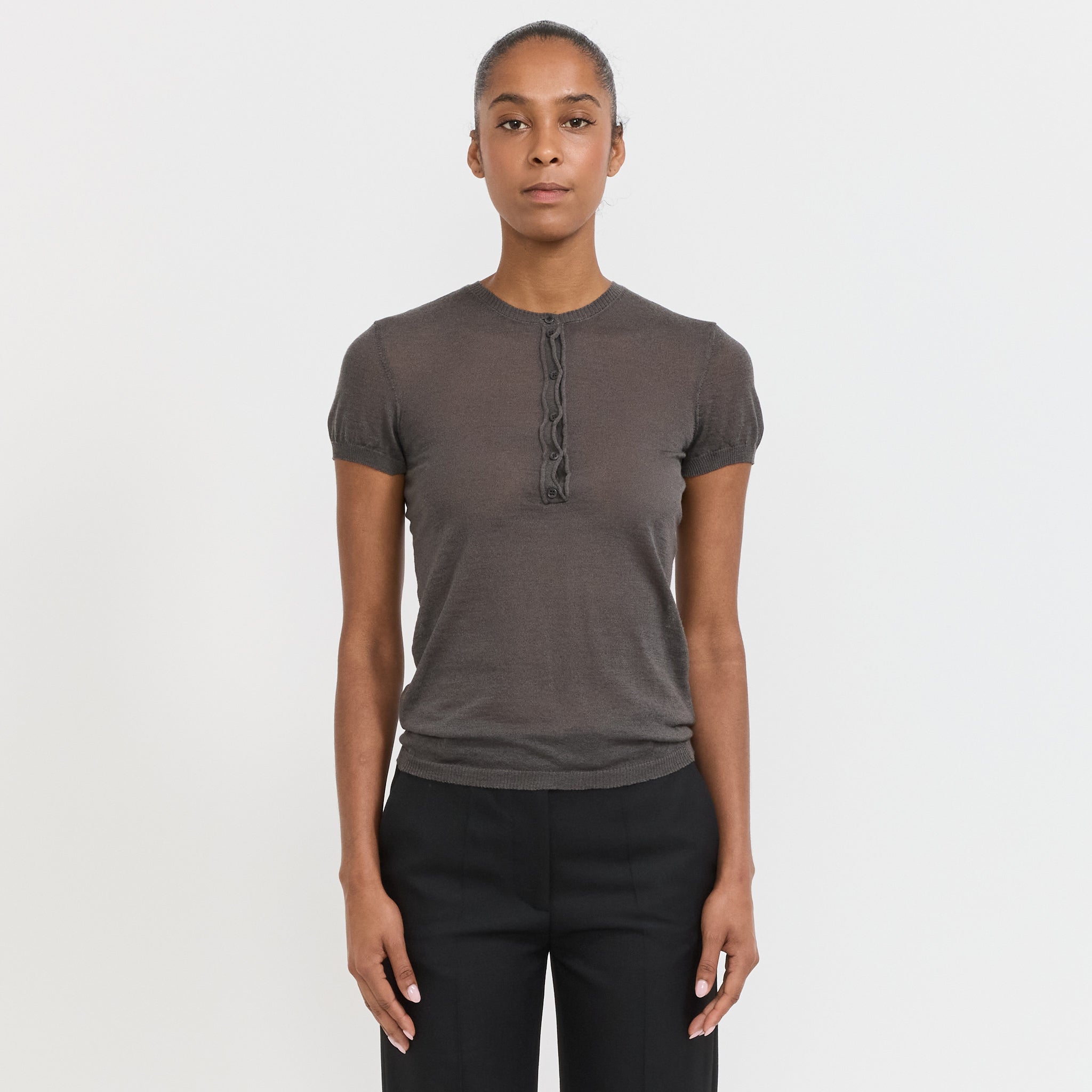 paloma wool ダークグレー ノースリーブ トップス SAPITO-Dark grey slightly sheer halter top with front lacing