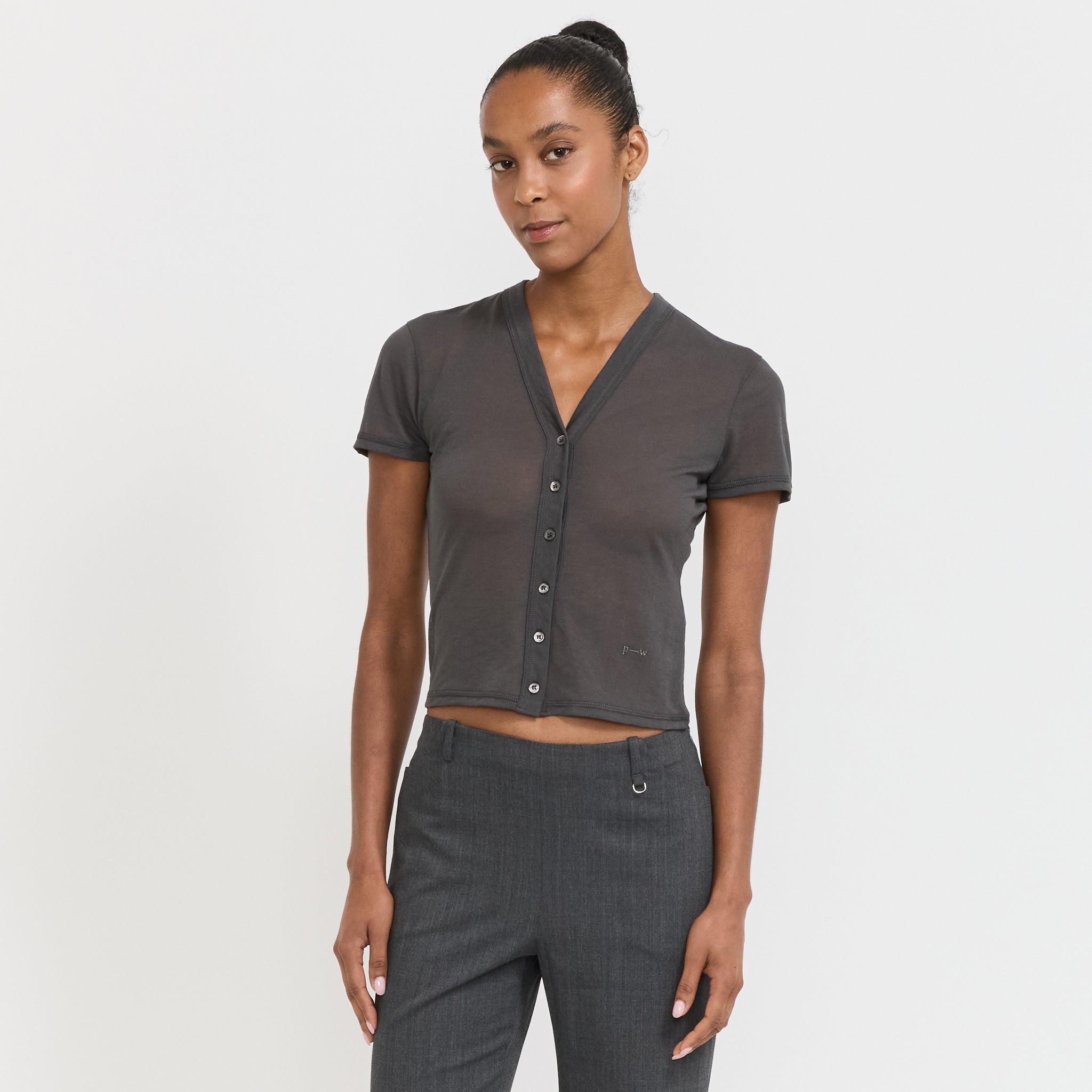 paloma wool ダークグレー ノースリーブ トップス SAPITO-Dark grey slightly sheer halter top with front lacing