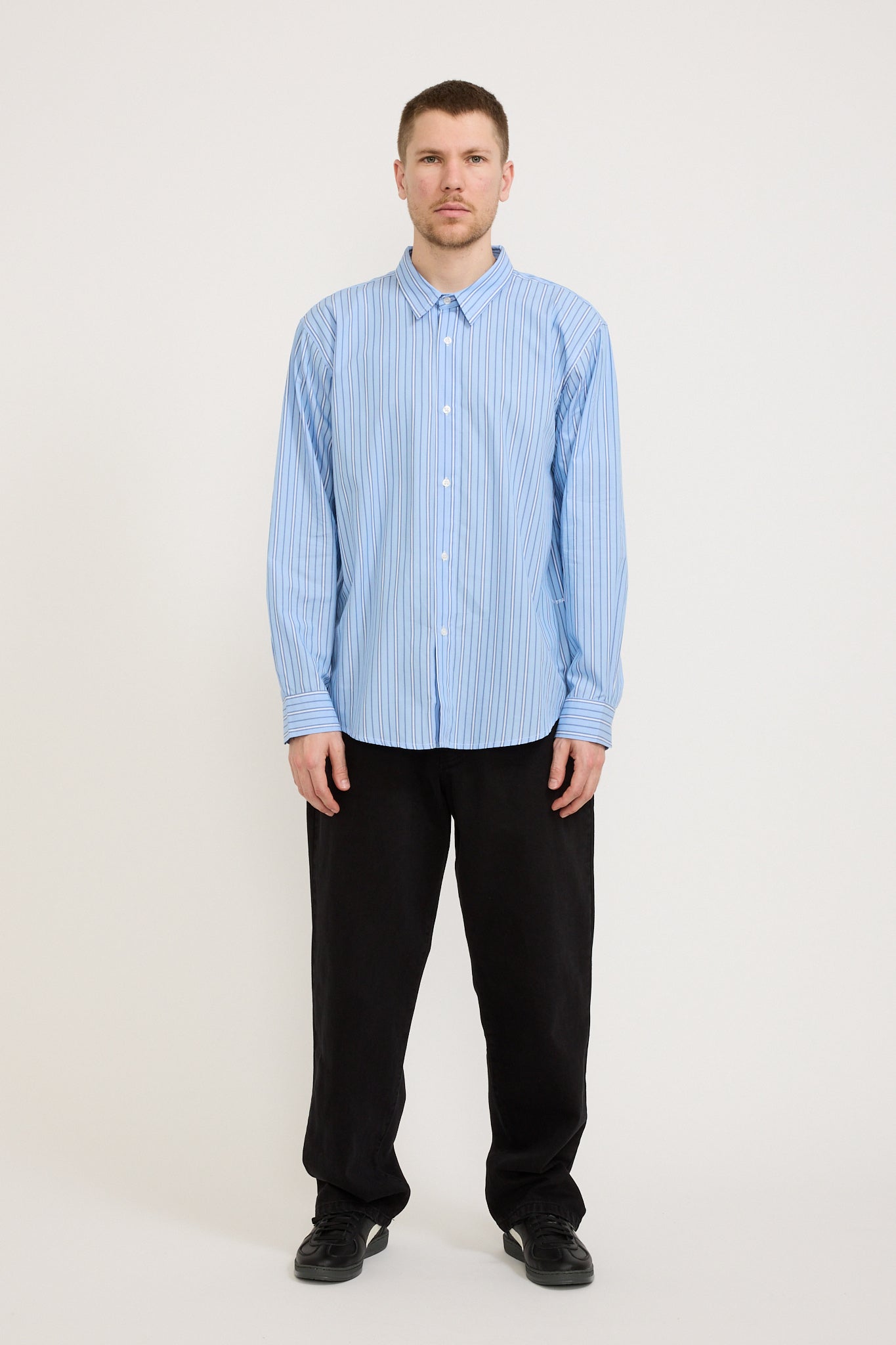 Pop Trading Company | Striped Logo Shirt Blue | Maplestore