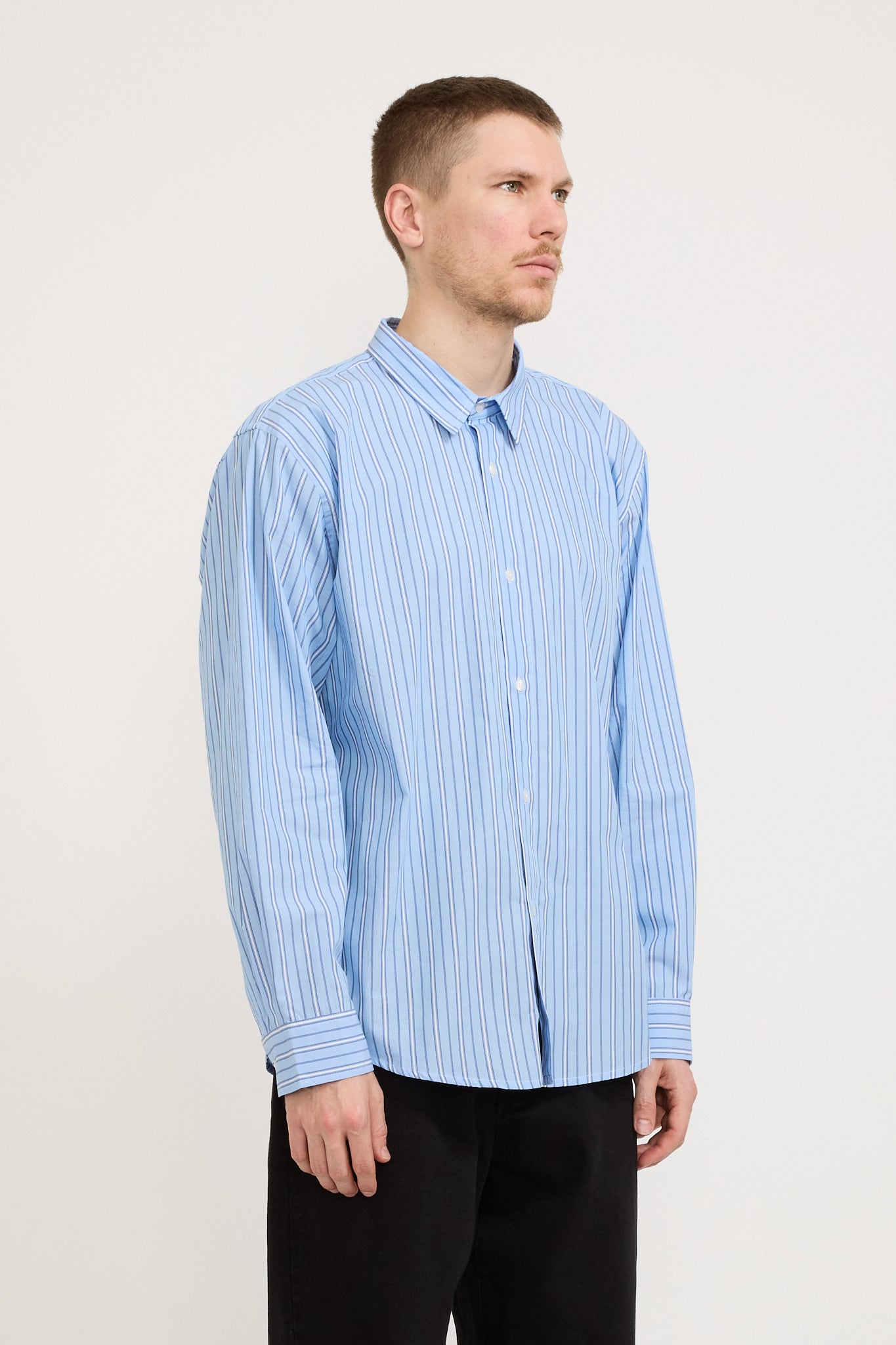 Pop Trading Company | Striped Logo Shirt Blue | Maplestore